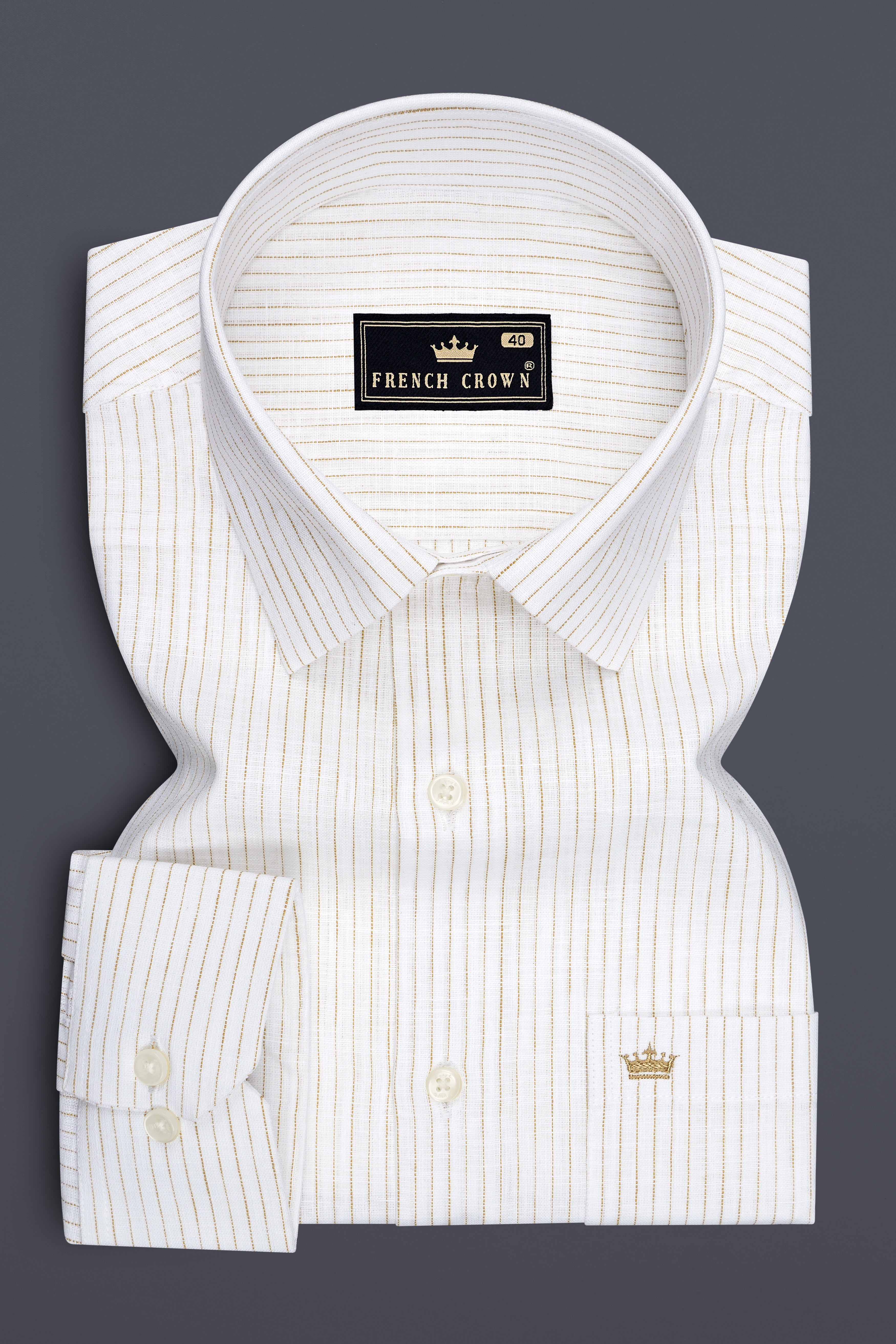 Oasis-Bright White And Sandy Brown Pin Striped Luxurious Linen Dress Shirt