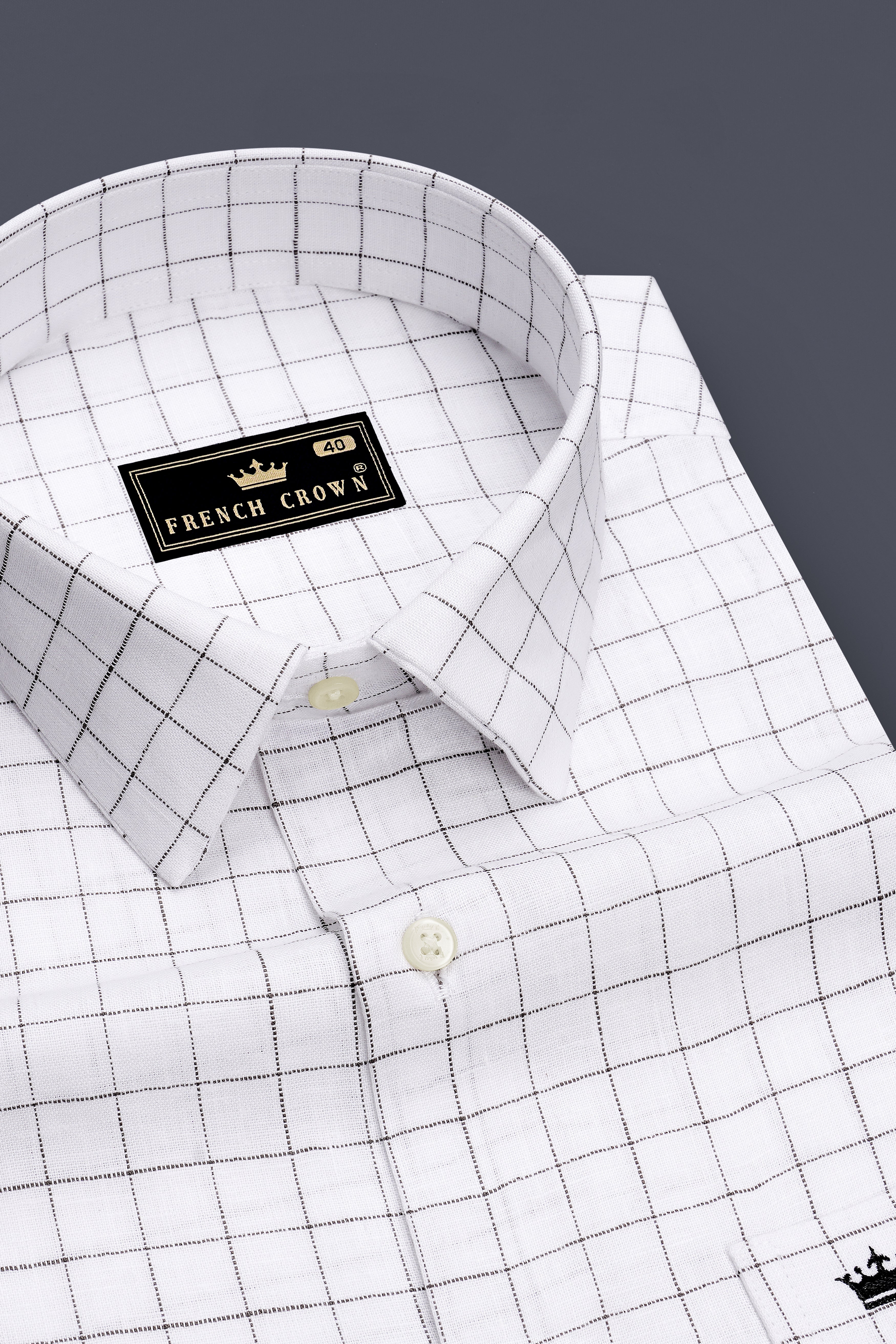 Horizon-Bright White And Woody Gray Windowpane 100% Pure Luxurious Linen Dress Shirt