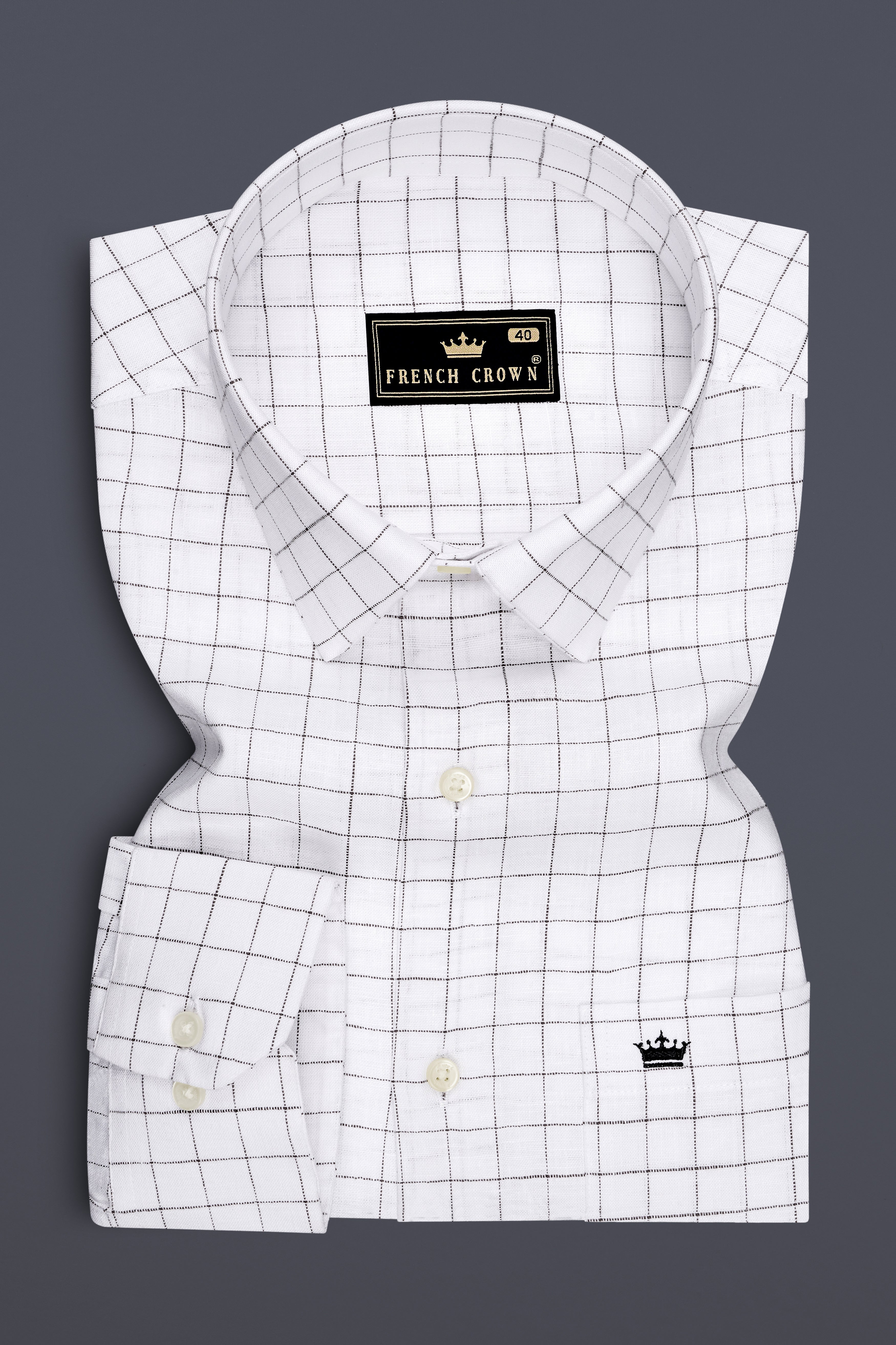 Horizon-Bright White And Woody Gray Windowpane 100% Pure Luxurious Linen Dress Shirt