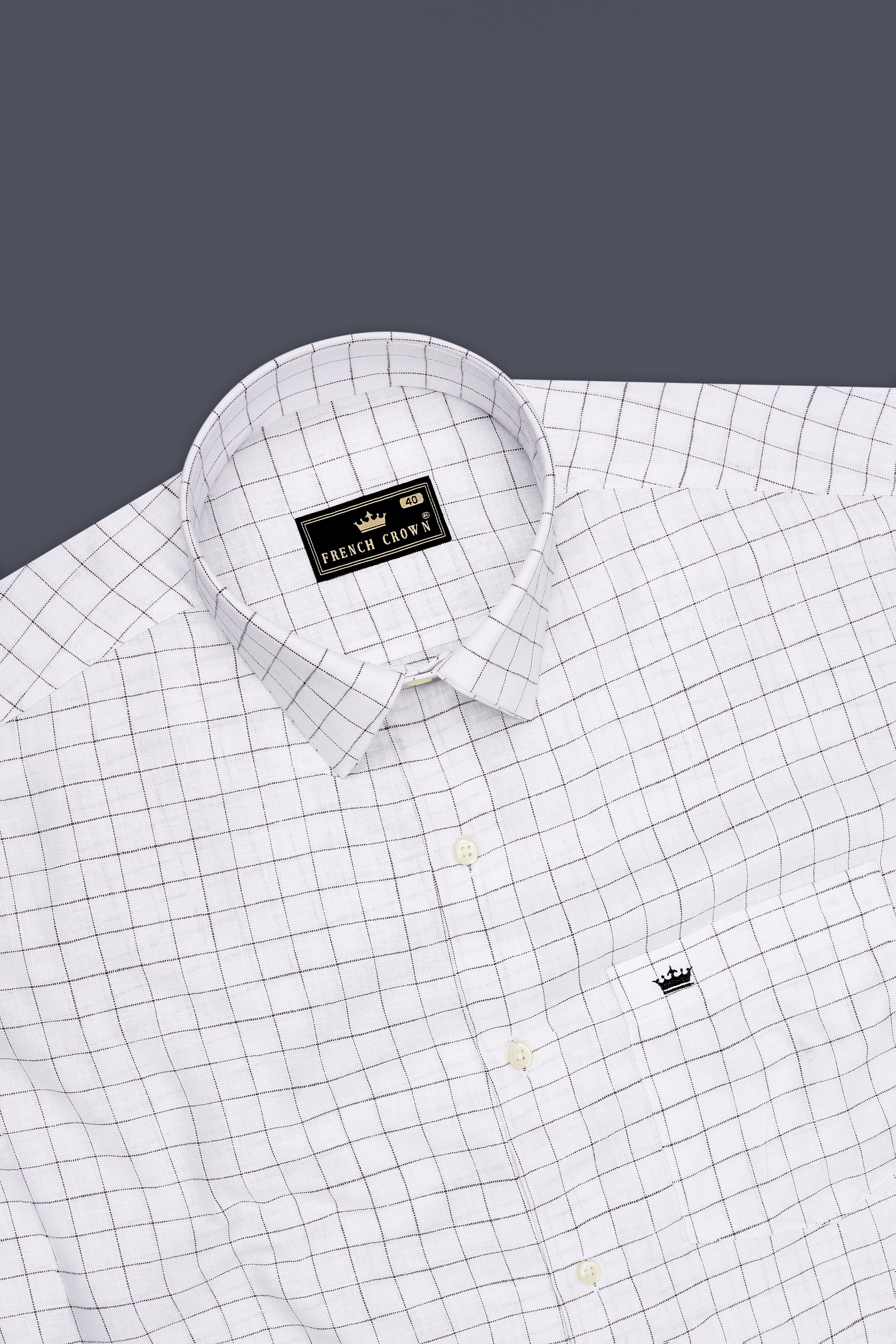 Horizon-Bright White And Woody Gray Windowpane 100% Pure Luxurious Linen Dress Shirt
