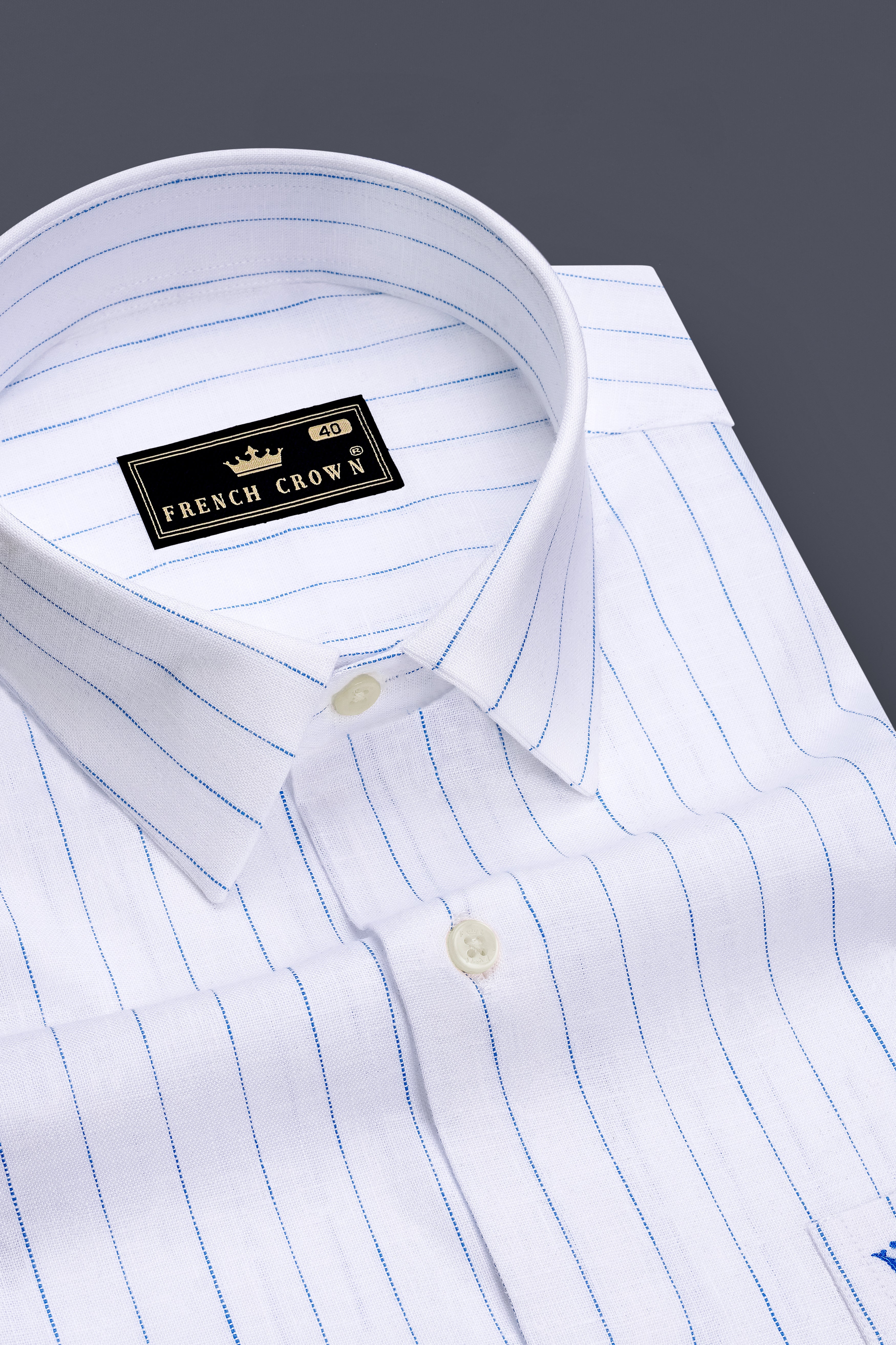 Nautica-Bright White And Mariner Blue Pin Striped 100% Pure Luxurious Linen Dress Shirt