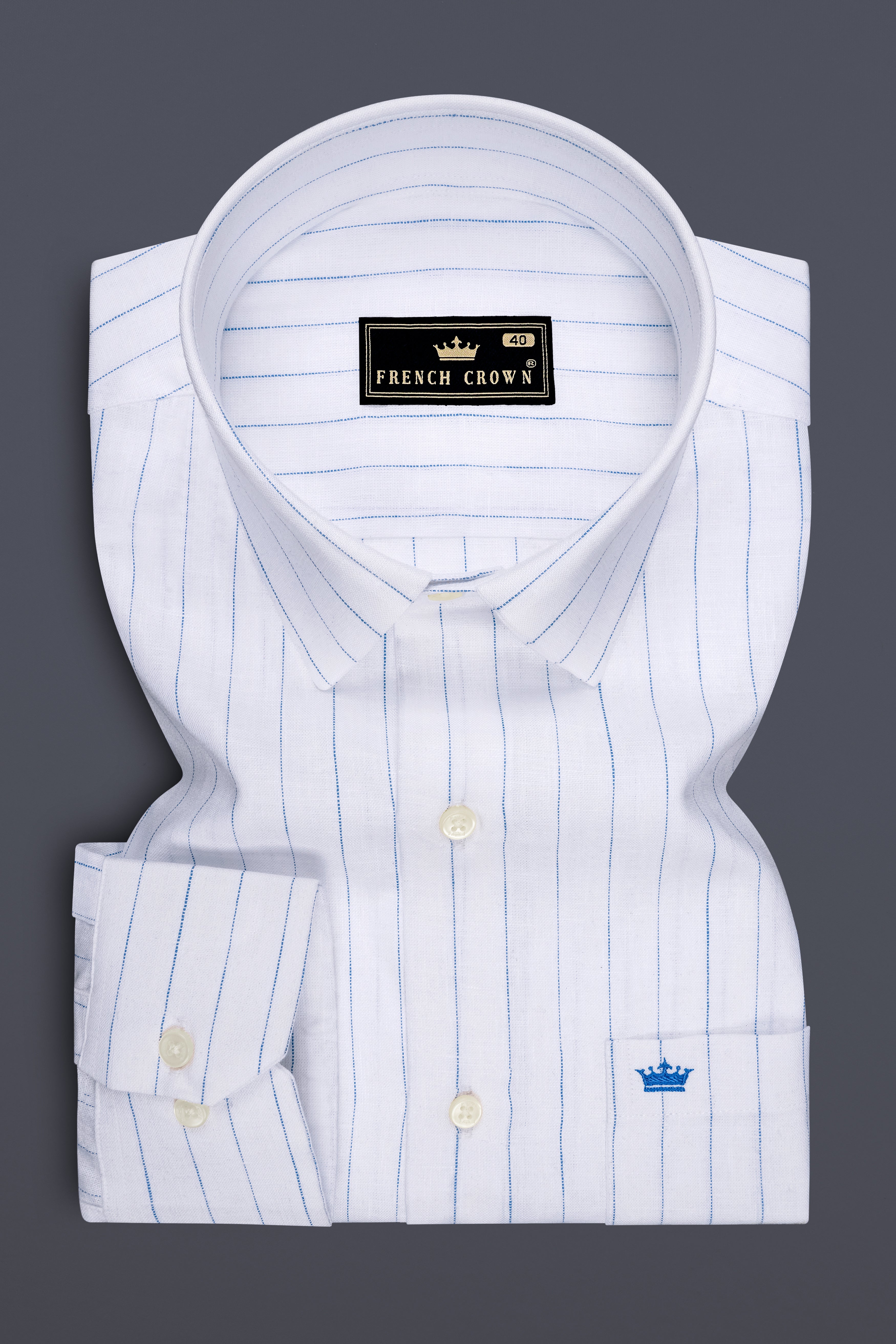 Nautica-Bright White And Mariner Blue Pin Striped 100% Pure Luxurious Linen Dress Shirt