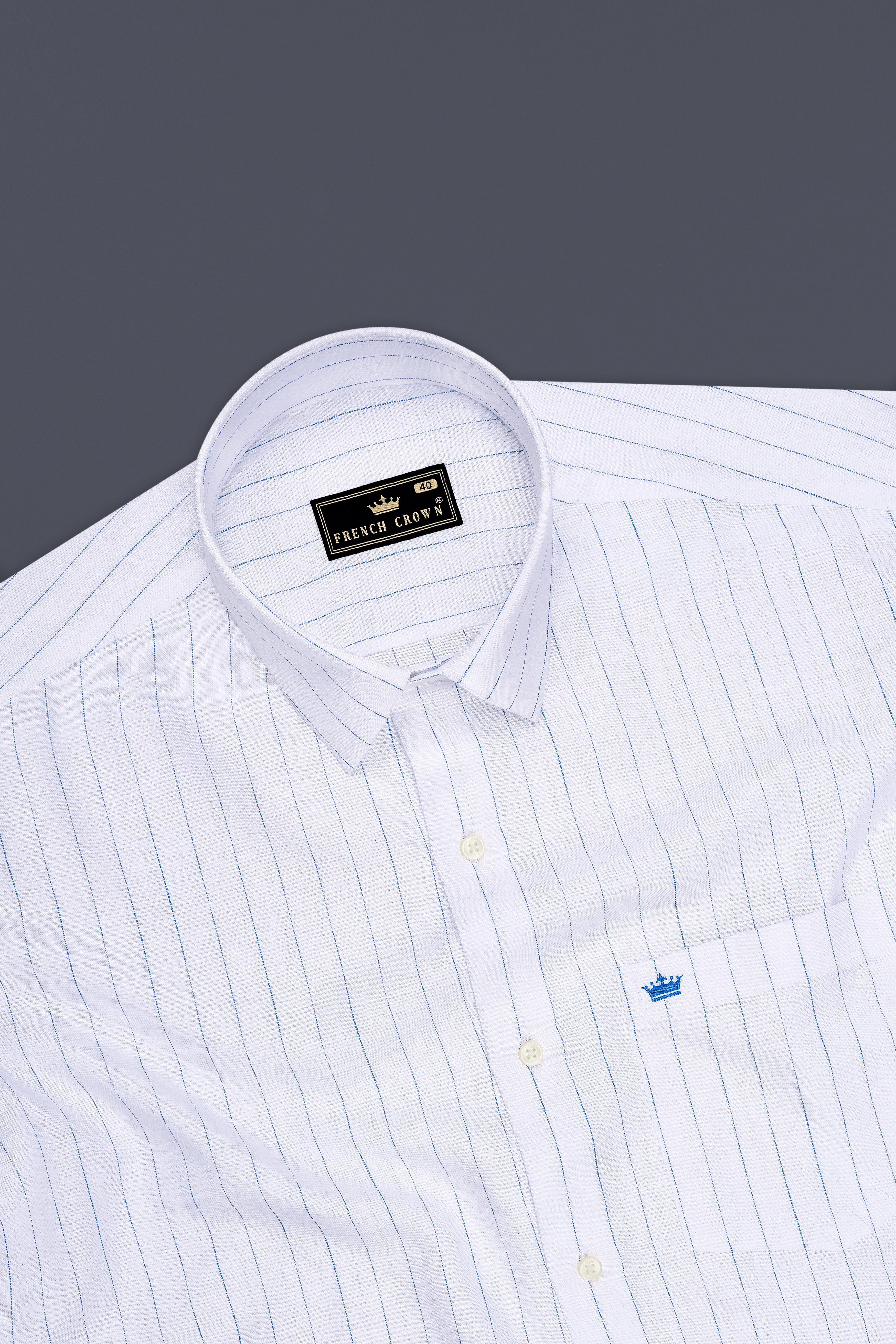 Nautica-Bright White And Mariner Blue Pin Striped 100% Pure Luxurious Linen Dress Shirt