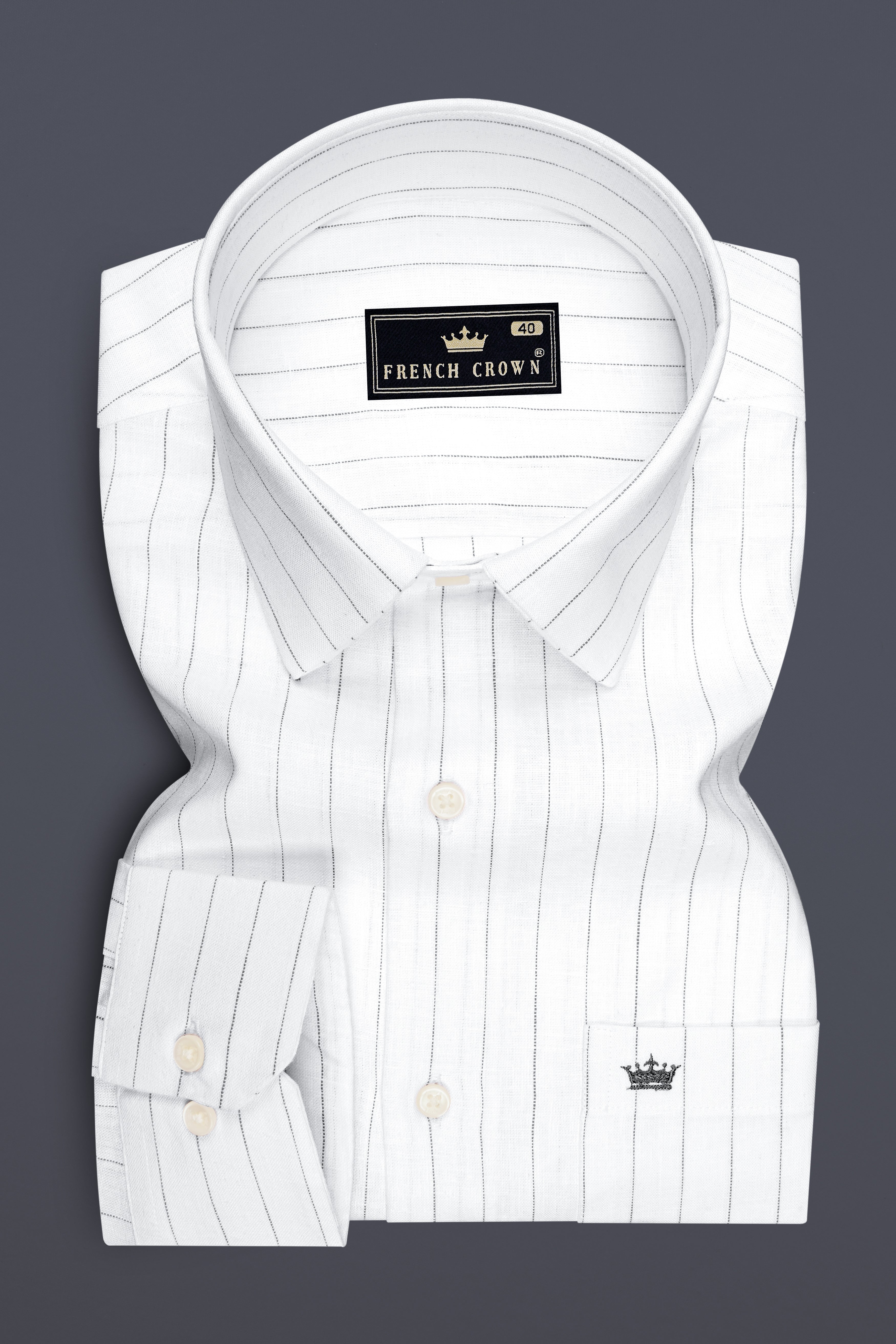 Verve-Bright White And lronside Pin Striped 100% Pure Luxurious Linen Dress Shirt