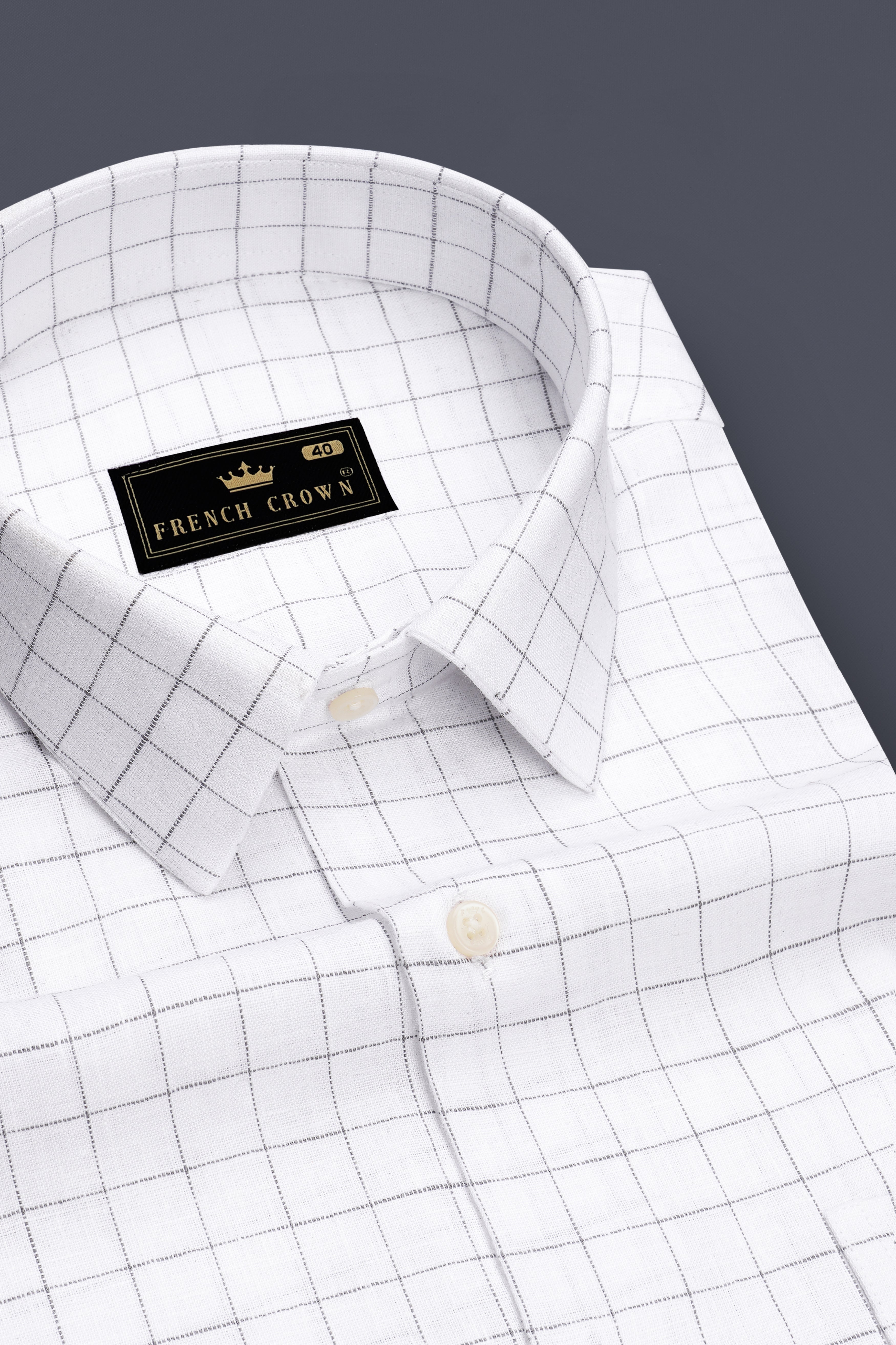 Lattice-Bright White And Chateau Gray Windowpane 100% Pure Luxurious Linen Dress Shirt