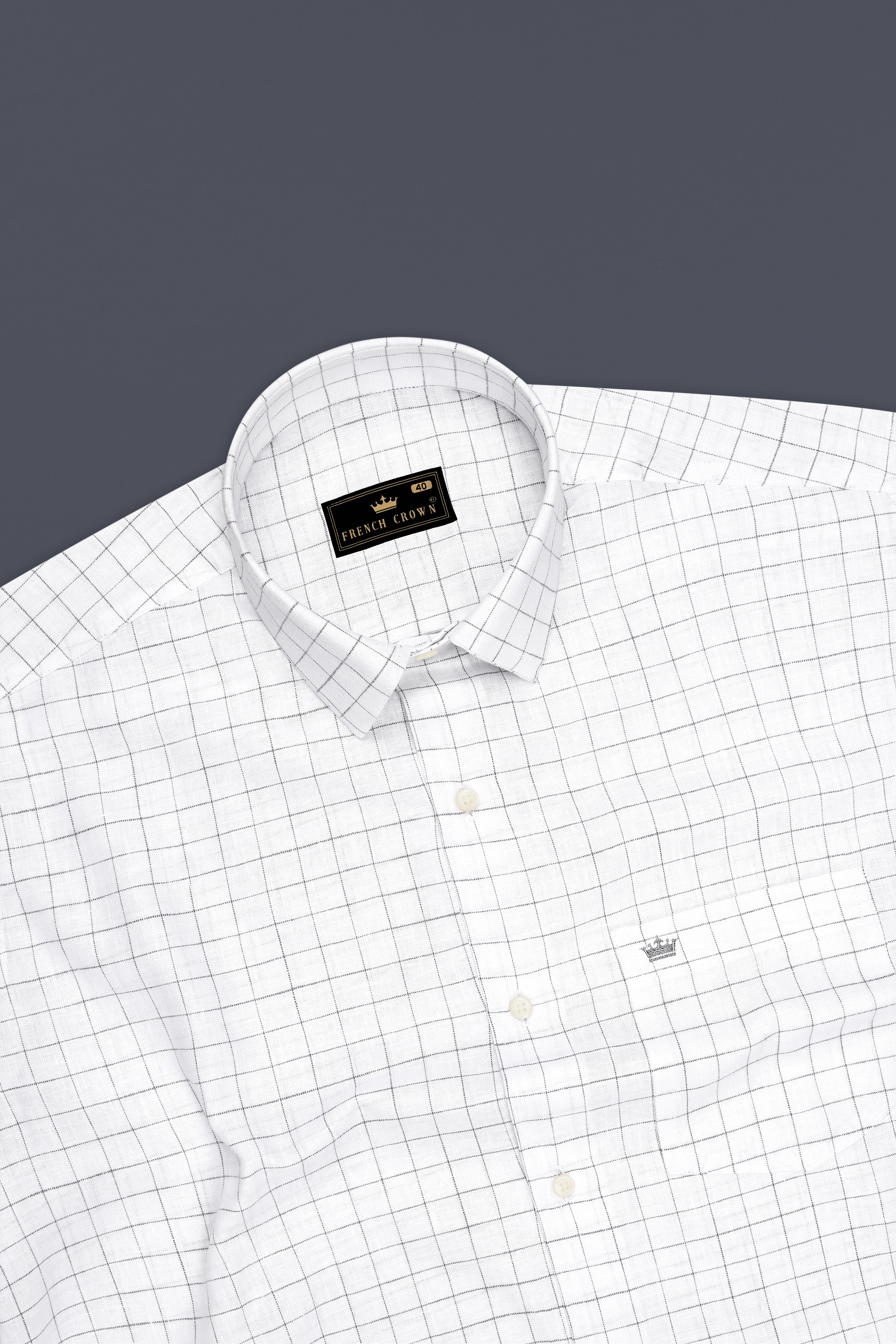 Lattice-Bright White And Chateau Gray Windowpane 100% Pure Luxurious Linen Dress Shirt