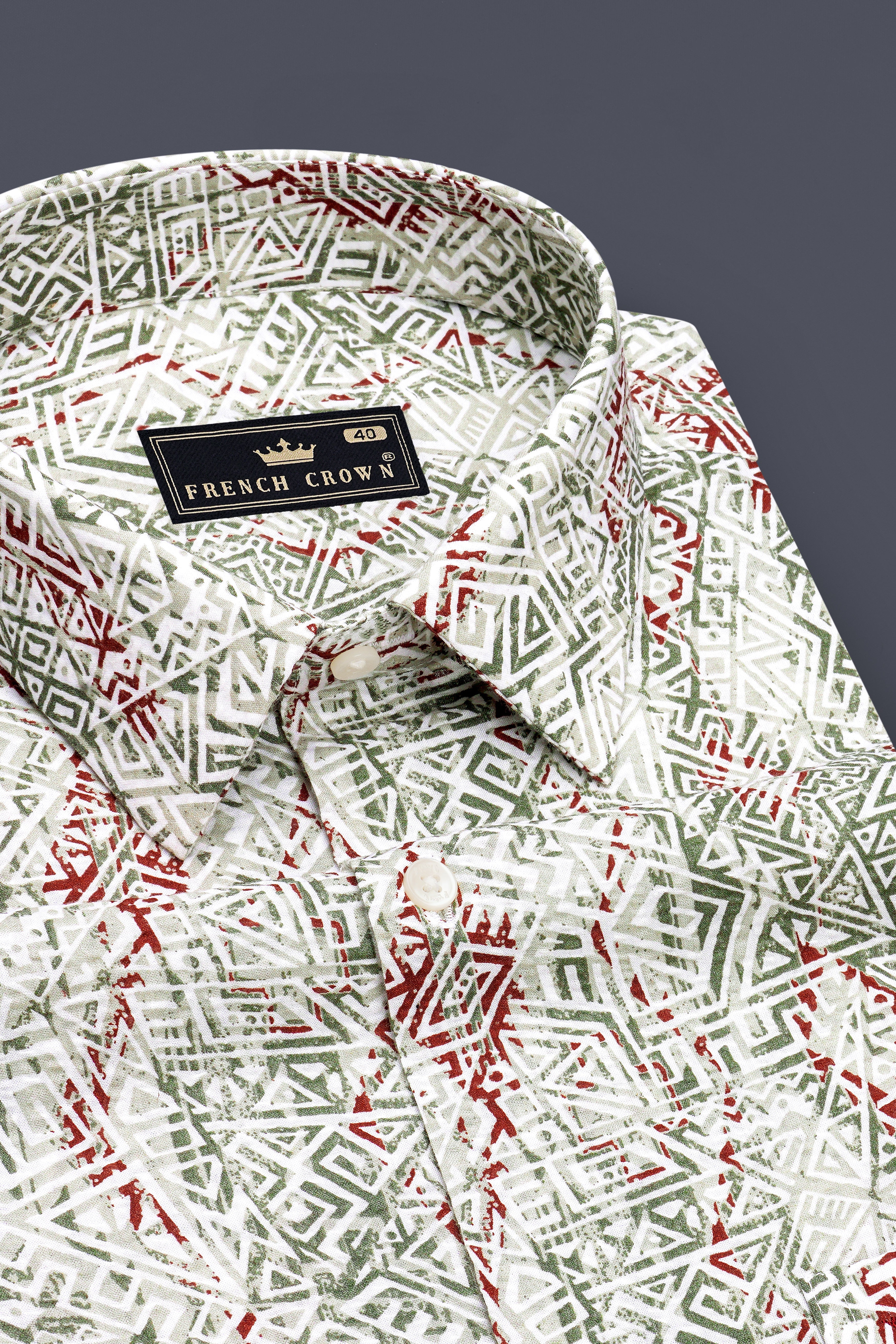 Solace-Marino Cream And Slate Green Printed Seersucker Giza Cotton Casual Shirt