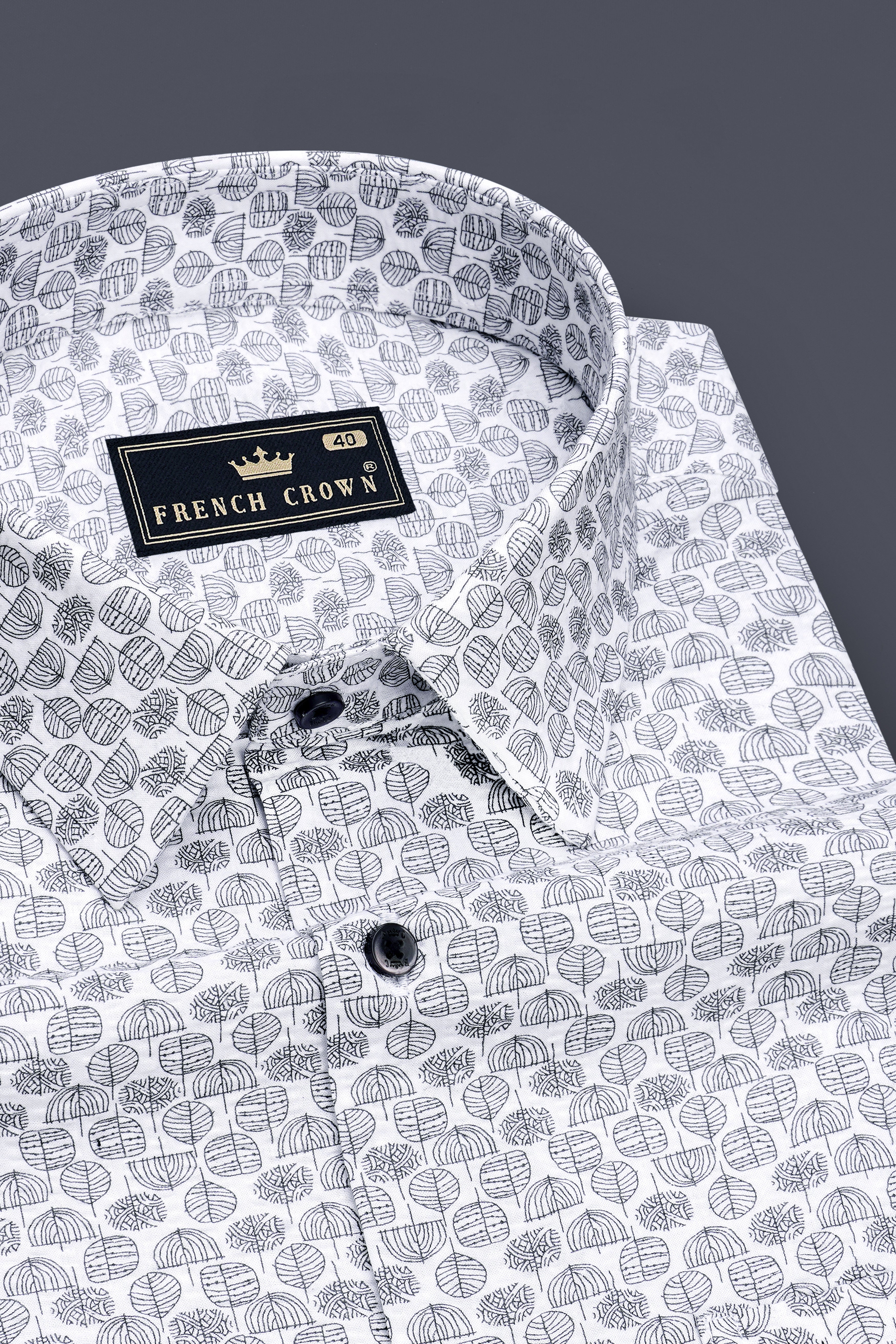 Zephyr-Bright White Leaf Motif Printed Seersucker Giza Cotton Semi Formal Shirt