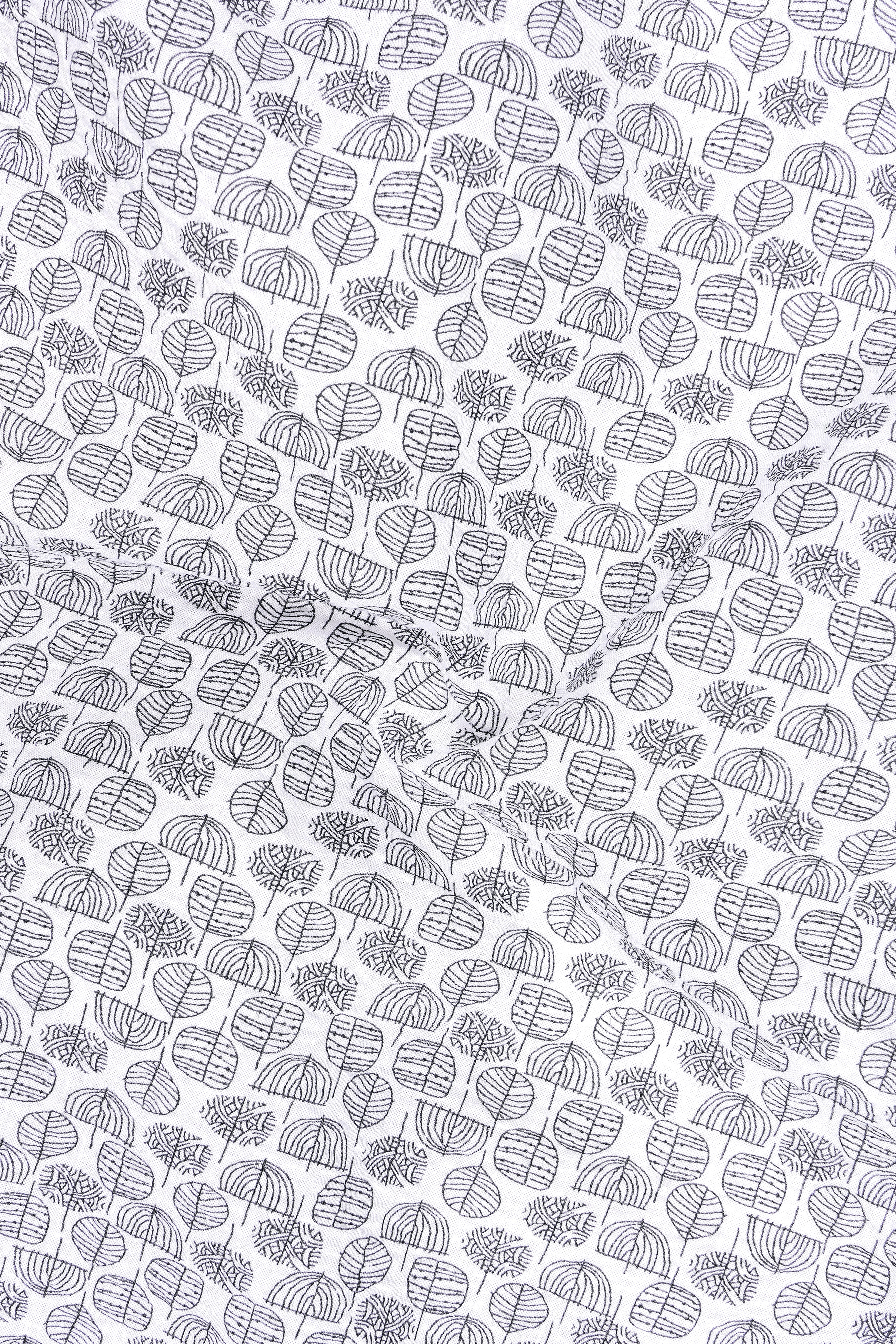 Zephyr-Bright White Leaf Motif Printed Seersucker Giza Cotton Semi Formal Shirt
