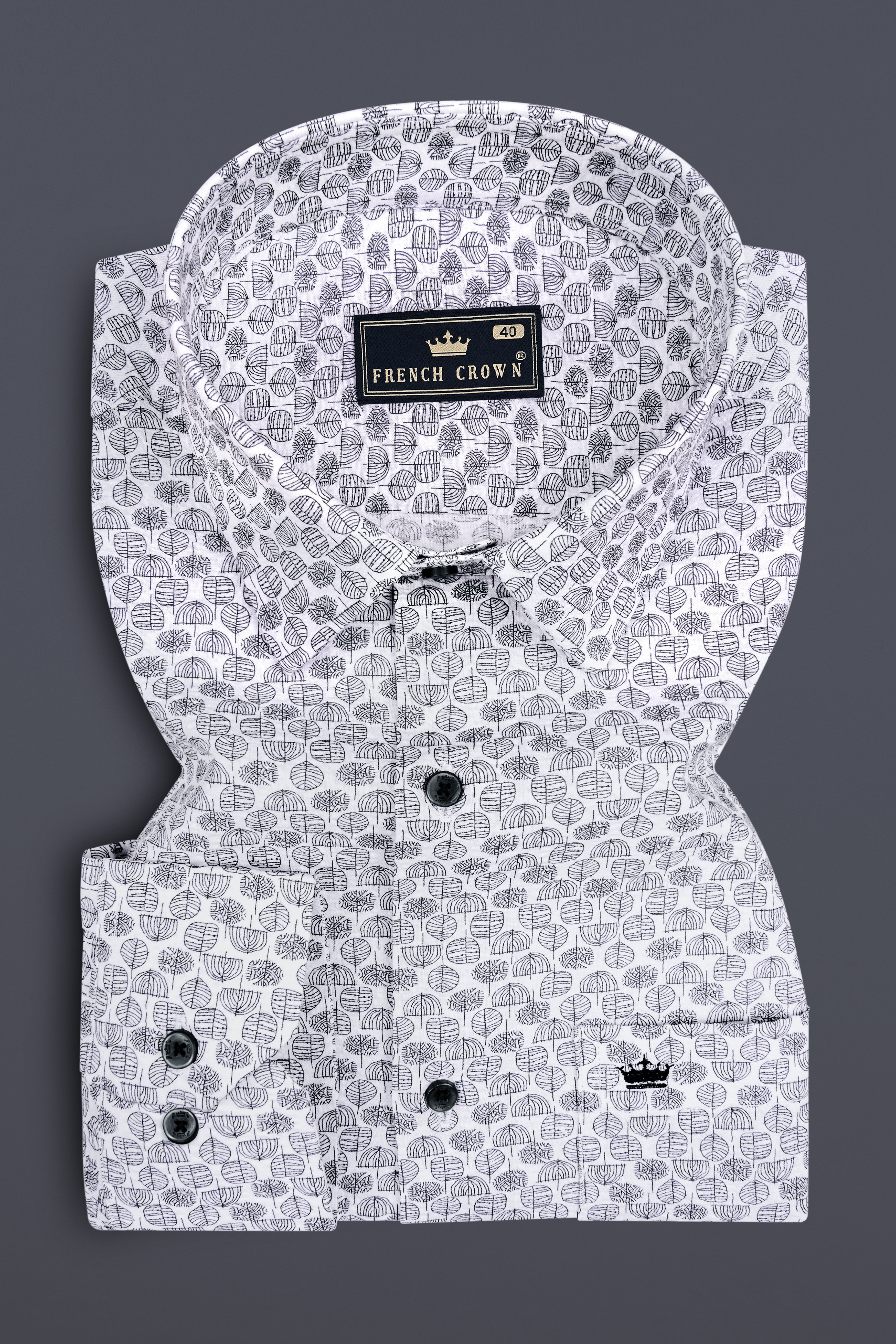 Zephyr-Bright White Leaf Motif Printed Seersucker Giza Cotton Semi Formal Shirt