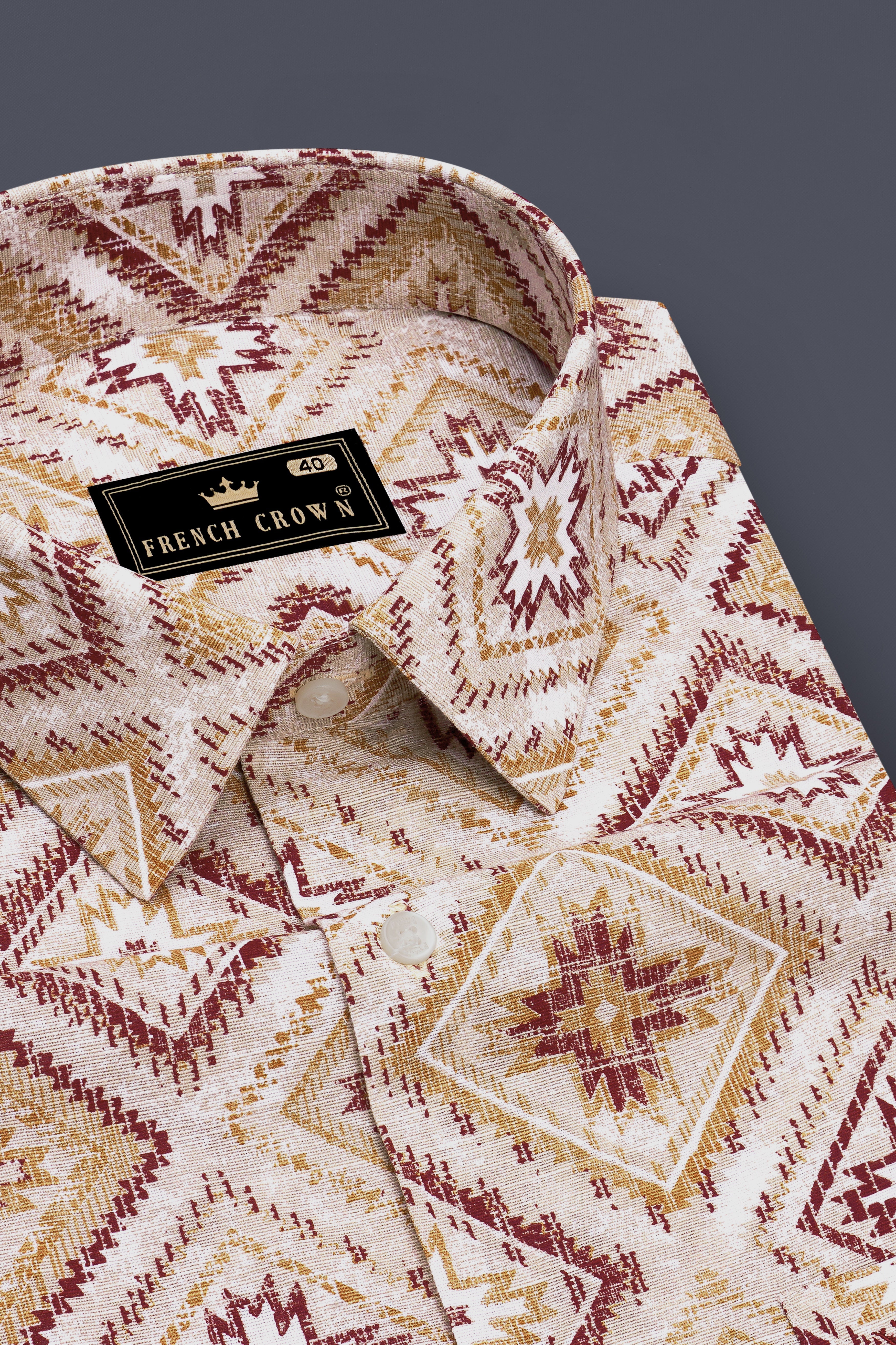 Vertex-Delta Cream And Redwood Maroon Geometric Printed Luxurious Linen Casual Shirt