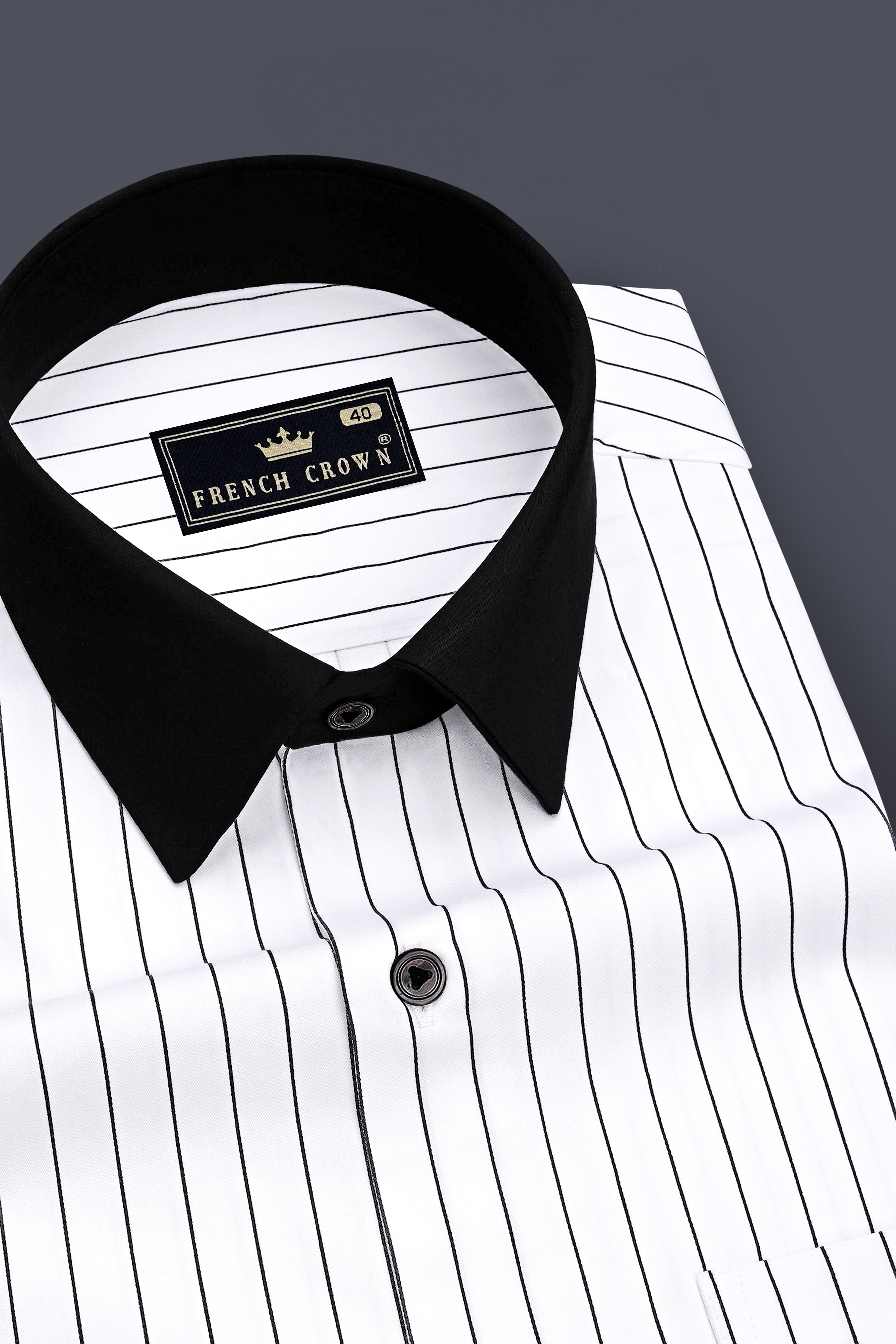 Aurum-Bright White And Jade Black Pin Striped Subtle Sheen Super Soft Premium Cotton Black Cuff Collar Dress Shirt