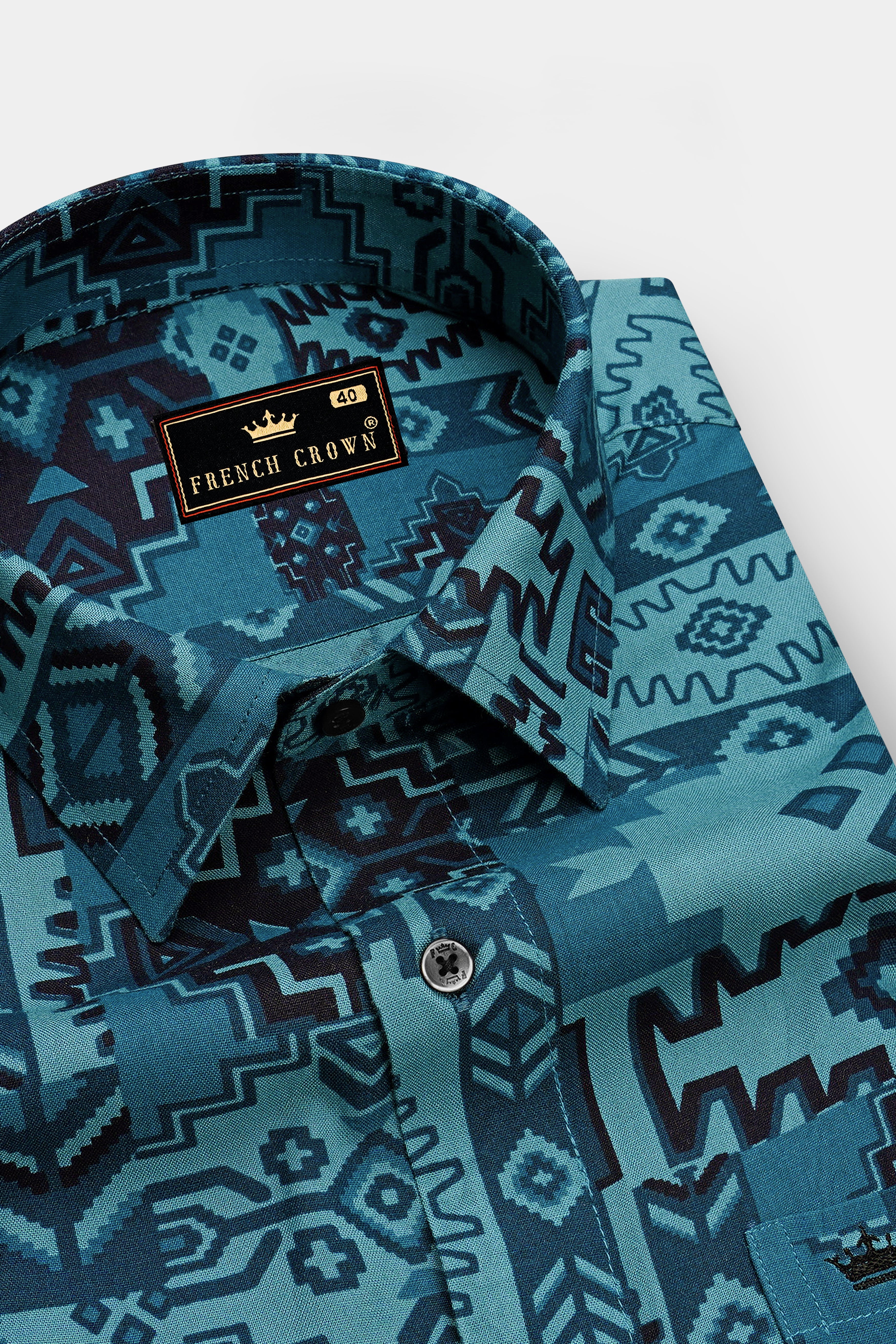 Vento-Chathams Blue Aztec Printed Super Soft Tencel Casual Shirt