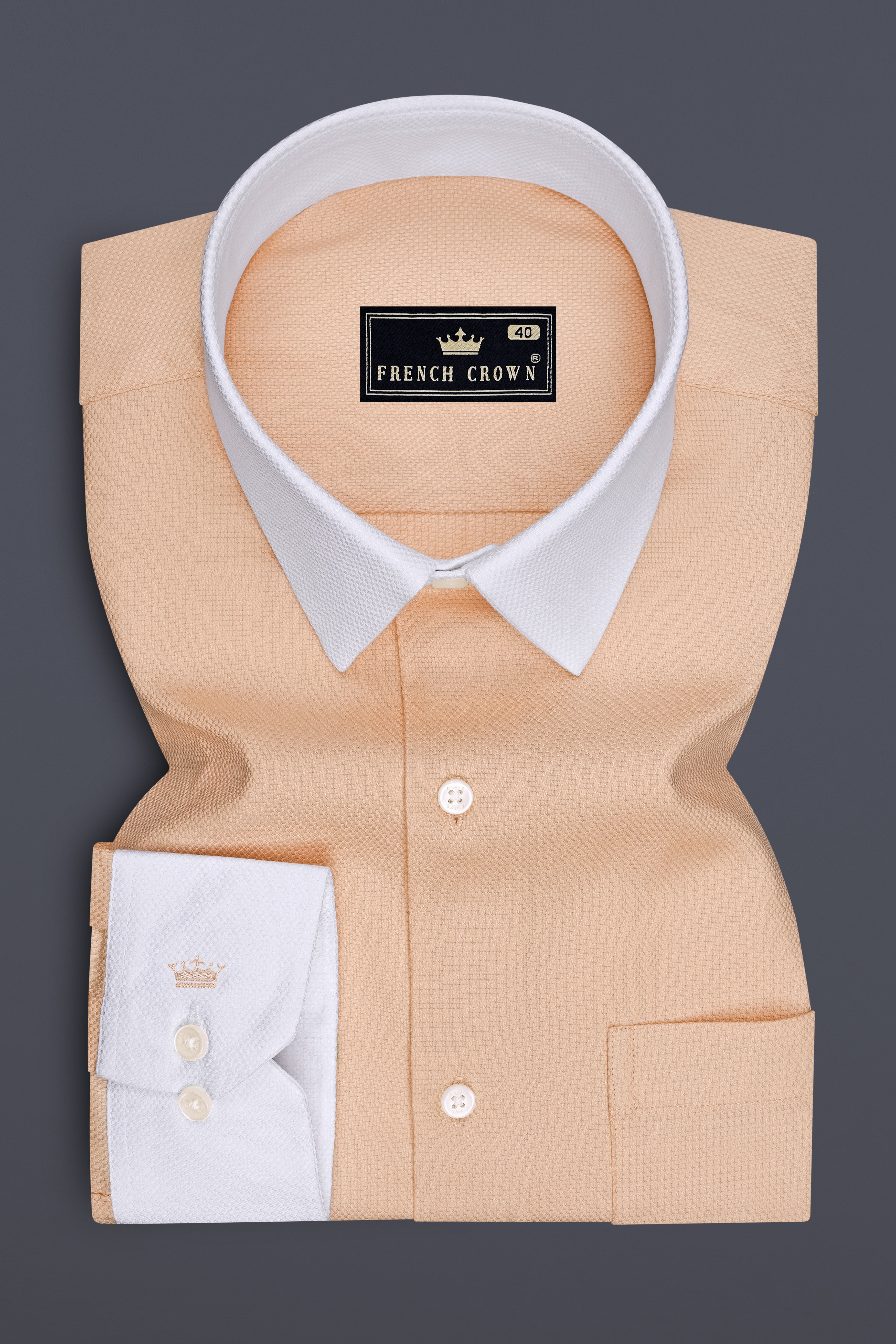 Veldt-Rodeo Dust Peach Dobby Textured Premium Giza Cotton White Cuff Collar Dress Shirt