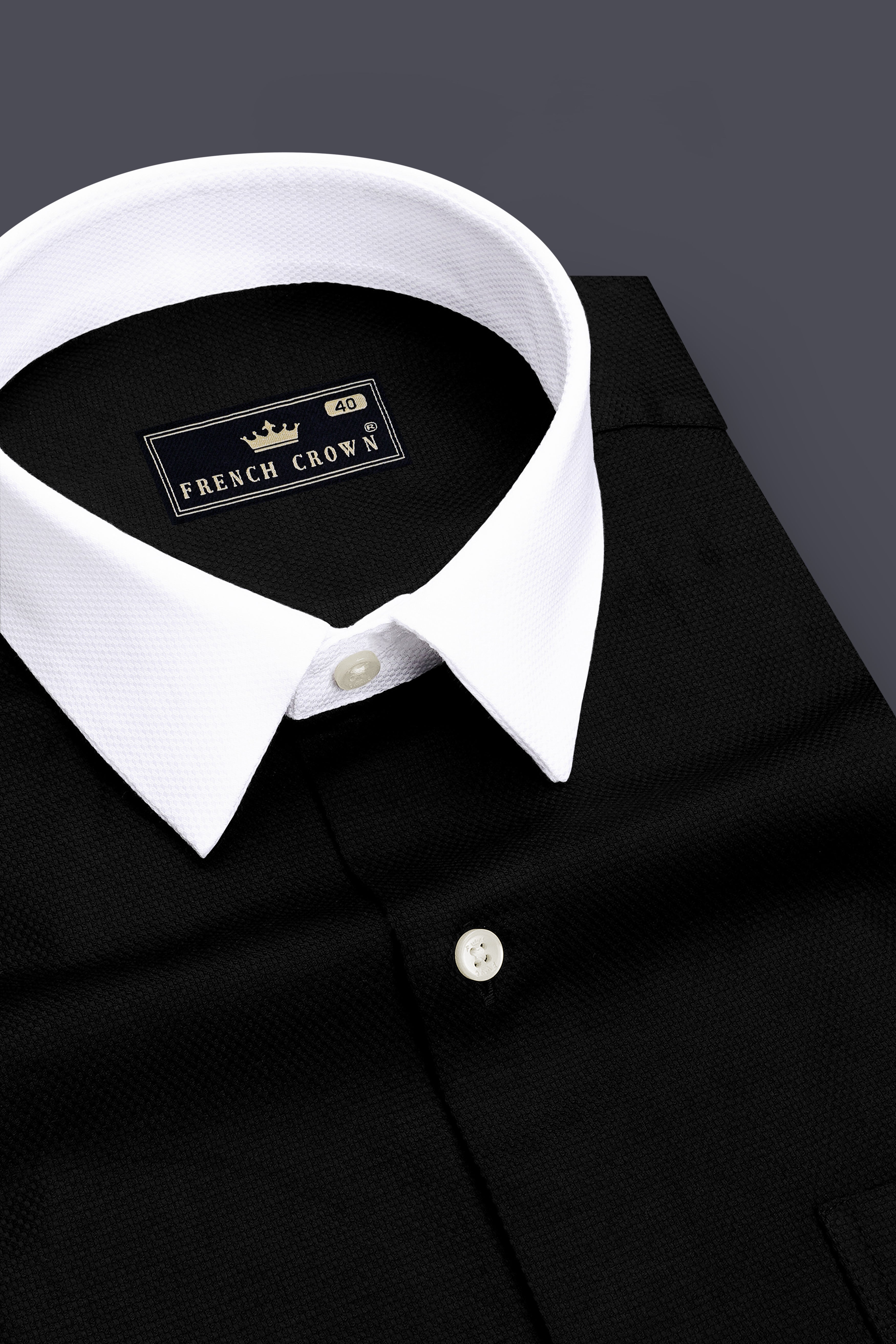 Nero-Jade Black Dobby Textured Premium Giza Cotton White Cuff Collar Dress Shirt