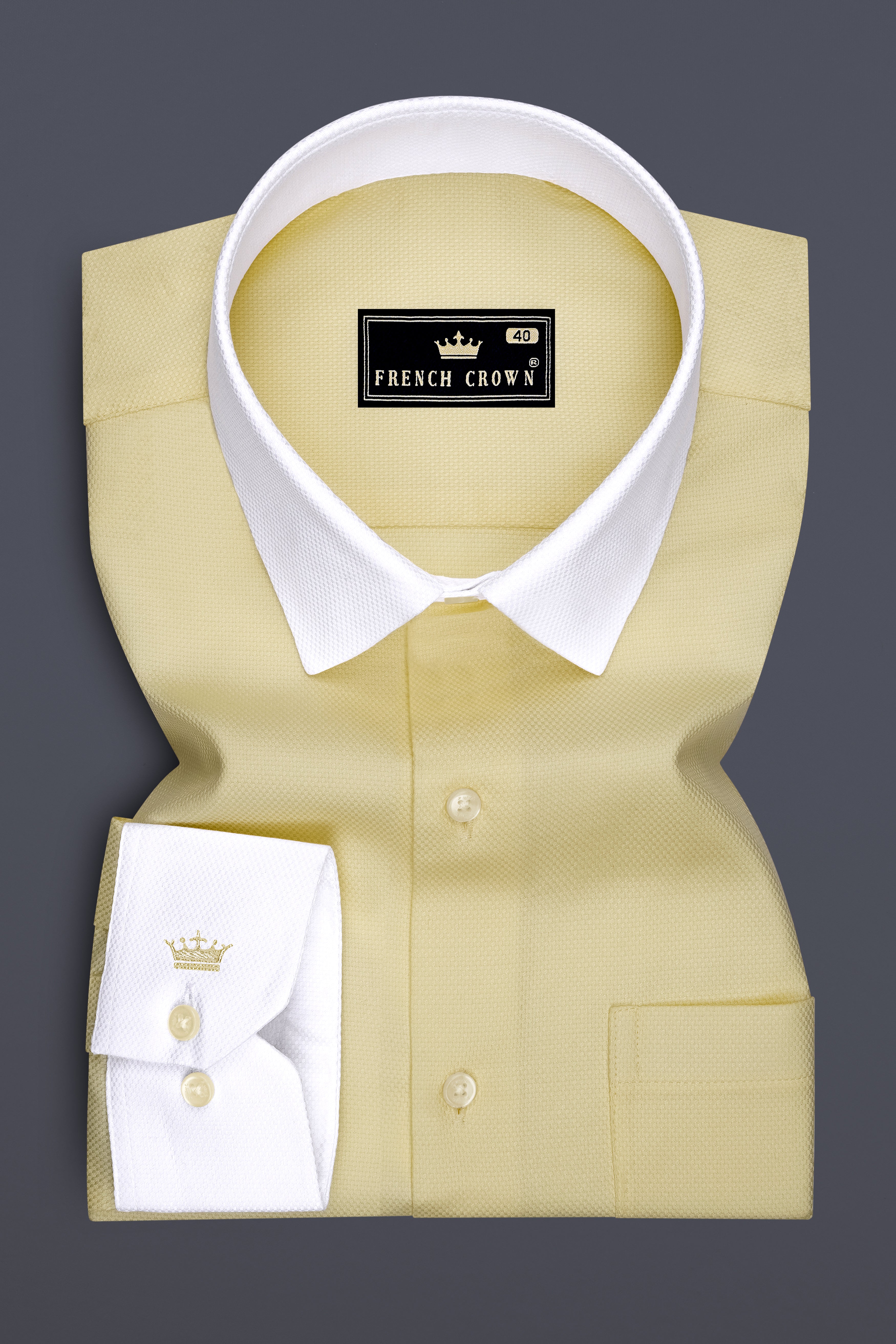 Saffron-Pavlova Yellow Dobby Textured Premium Giza Cotton White Cuff Collar Dress Shirt