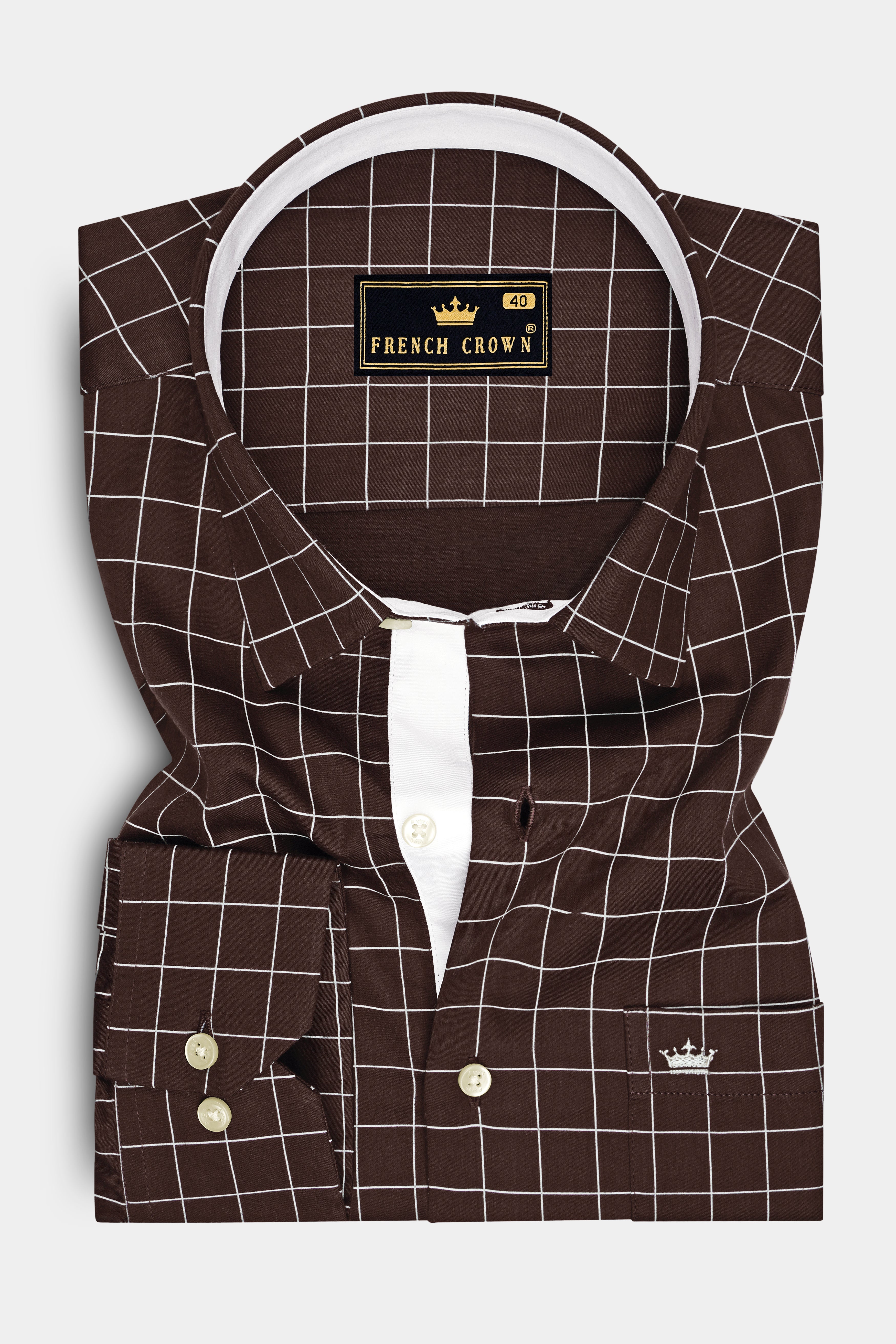 Monarch-Bistre Brown And Bright White Windowpane Subtle Sheen Soft Premium Cotton Dress Shirt