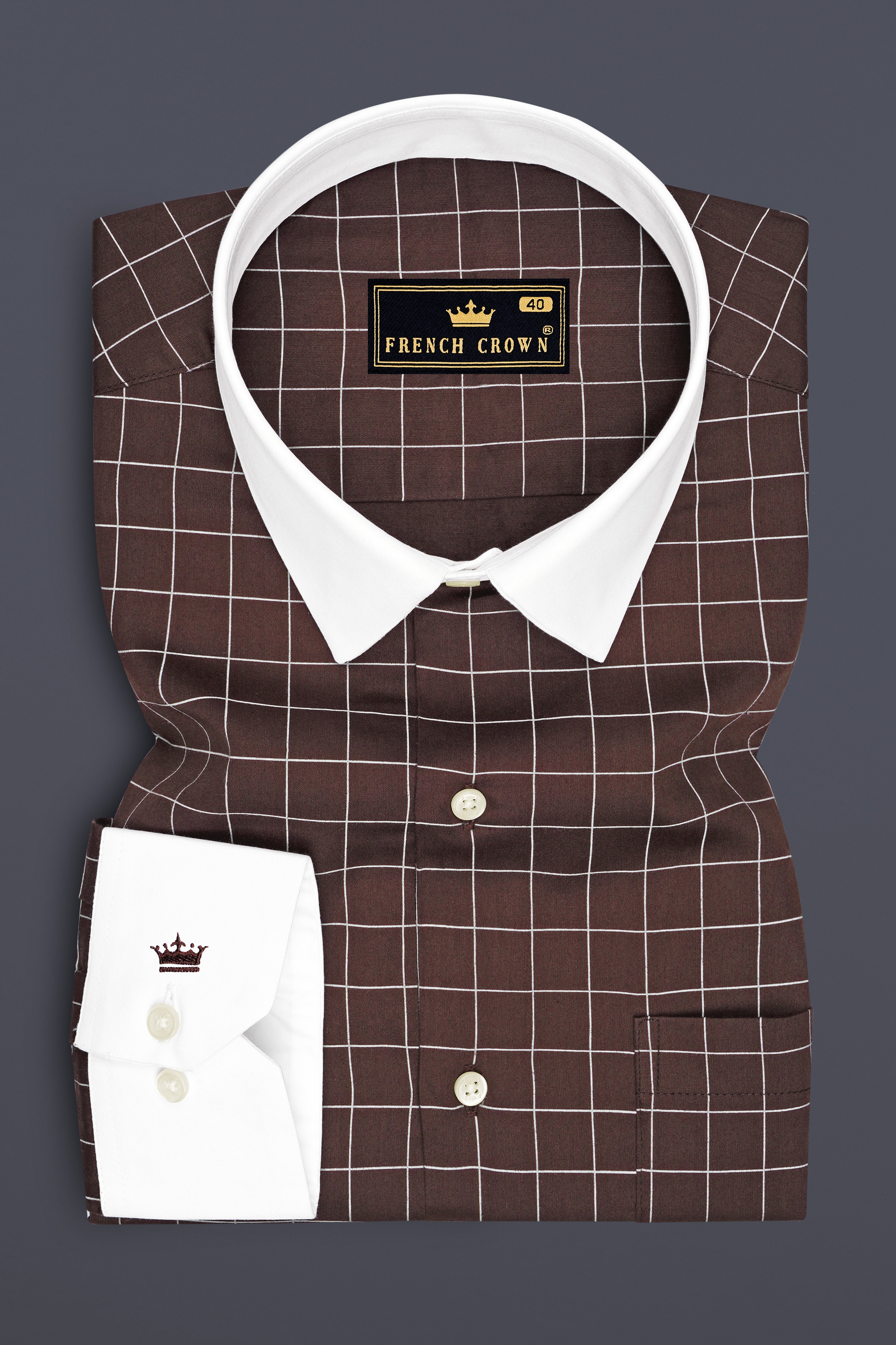 Monarch-Bistre Brown And Bright White Windowpane Subtle Sheen Super Soft Premium Cotton White Cuff Collar Dress Shirt