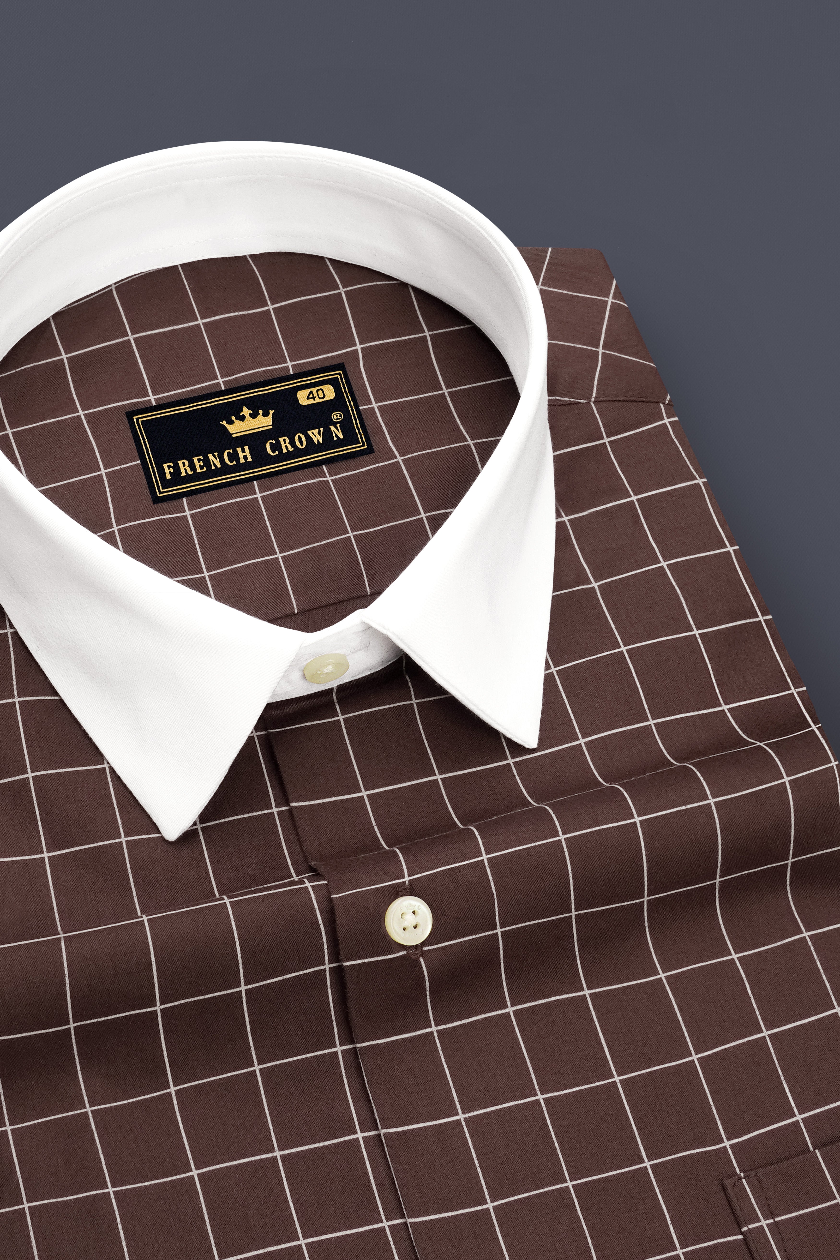 Monarch-Bistre Brown And Bright White Windowpane Subtle Sheen Super Soft Premium Cotton White Cuff Collar Dress Shirt
