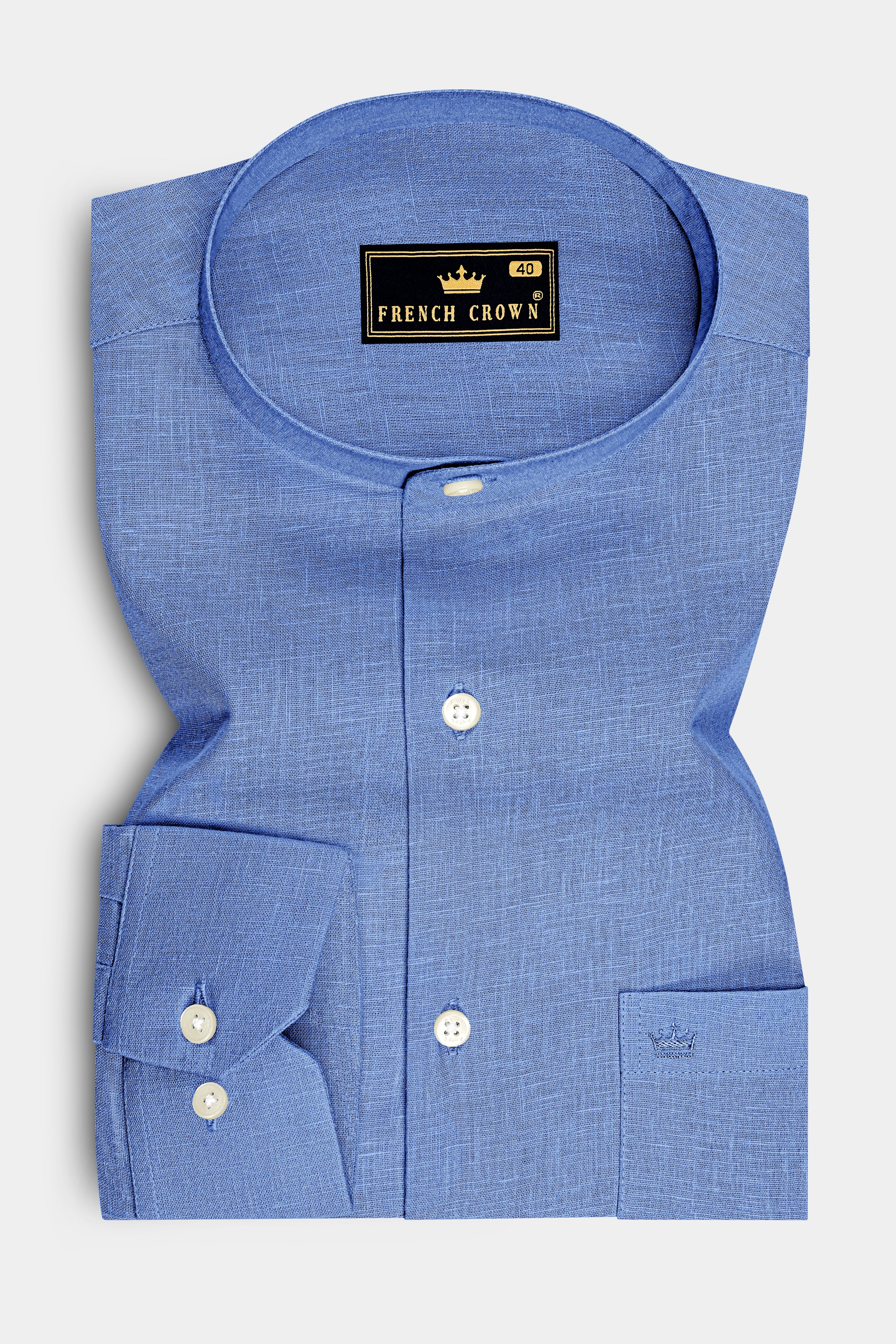 Lagoon-Glaucous Blue Luxurious Linen Mandarin Dress Shirt