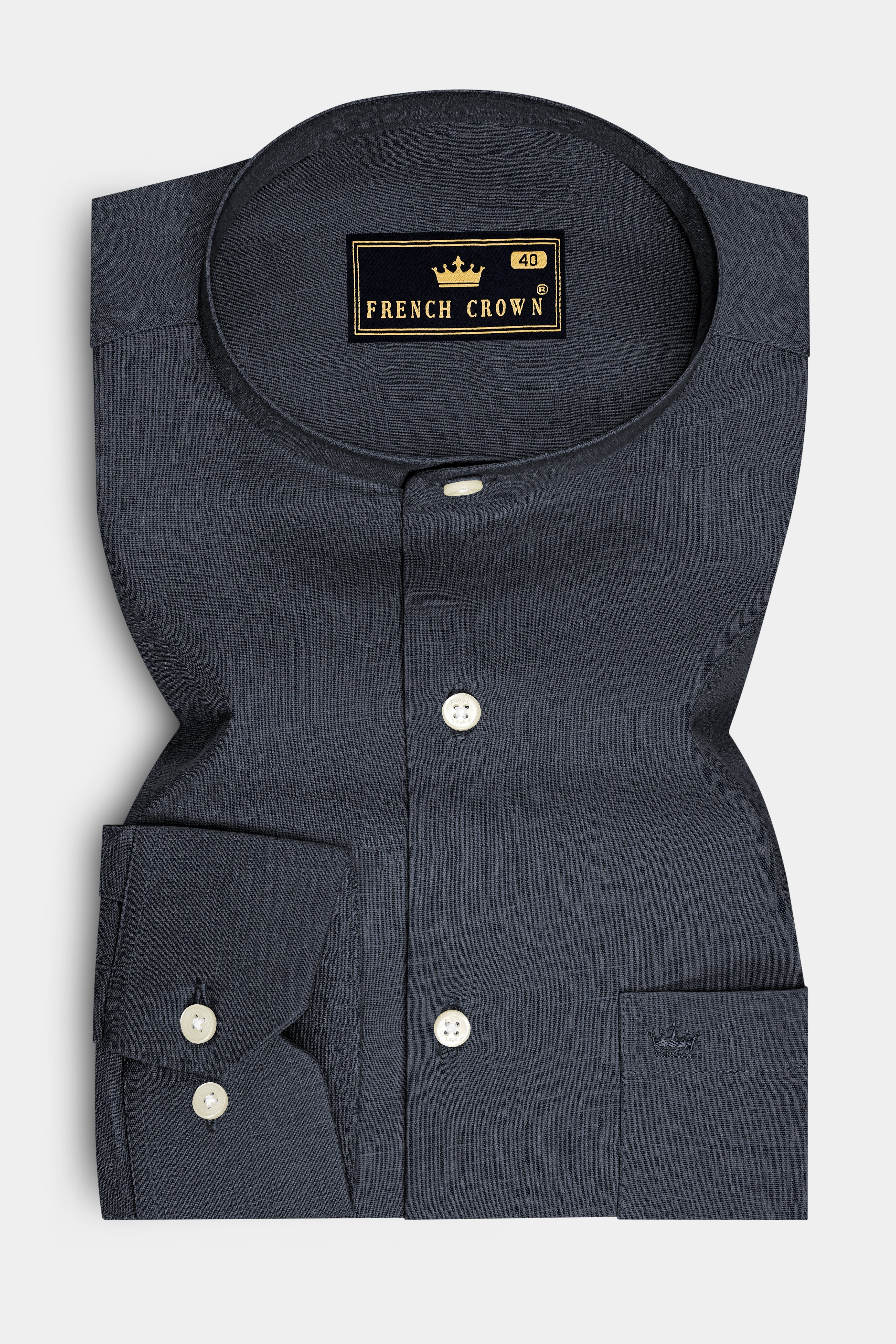 Obsidian-Charcoal Gray Luxurious Linen Mandarin Dress Shirt