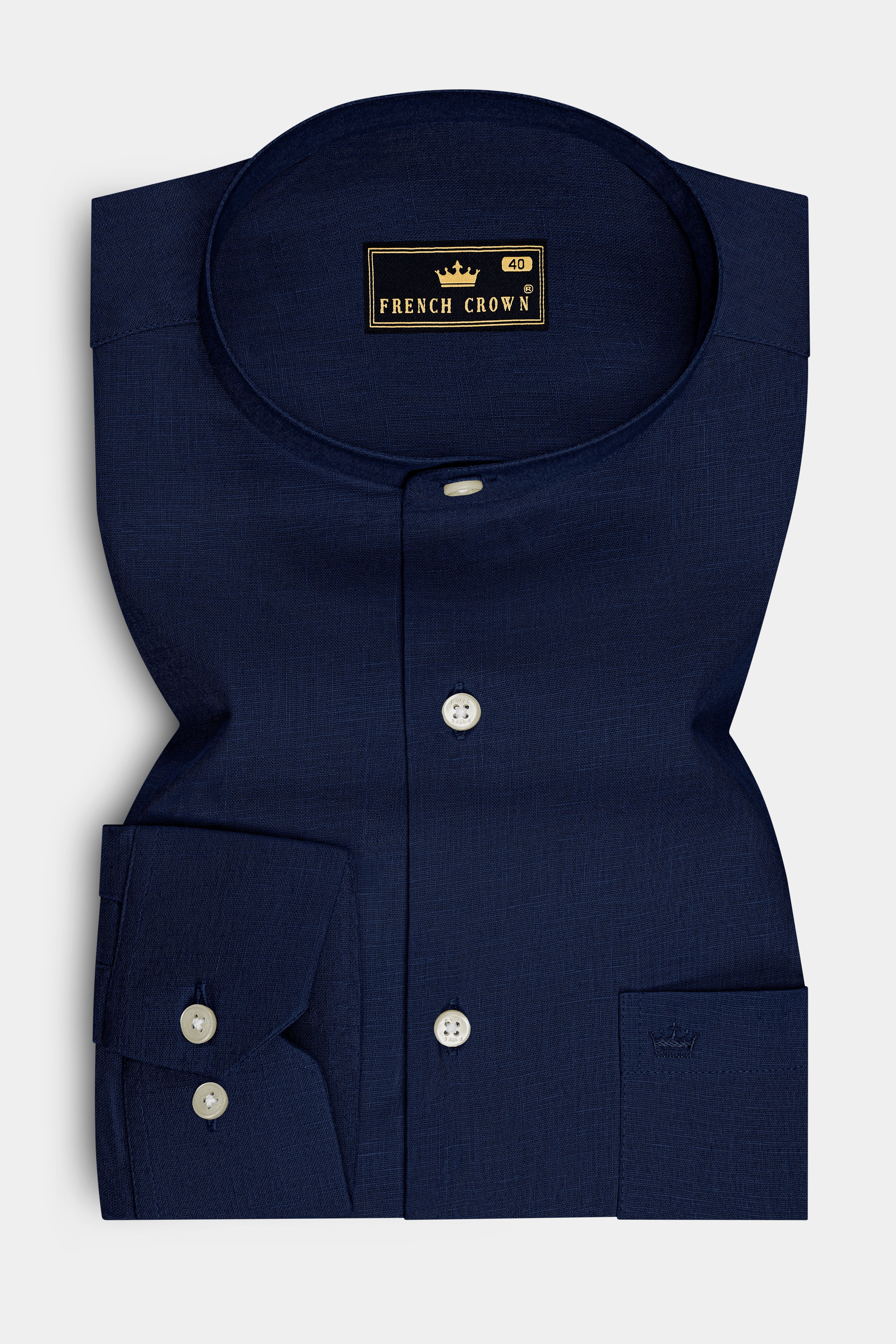 Cobalt-Midnight Blue Luxurious Linen Mandarin Dress Shirt