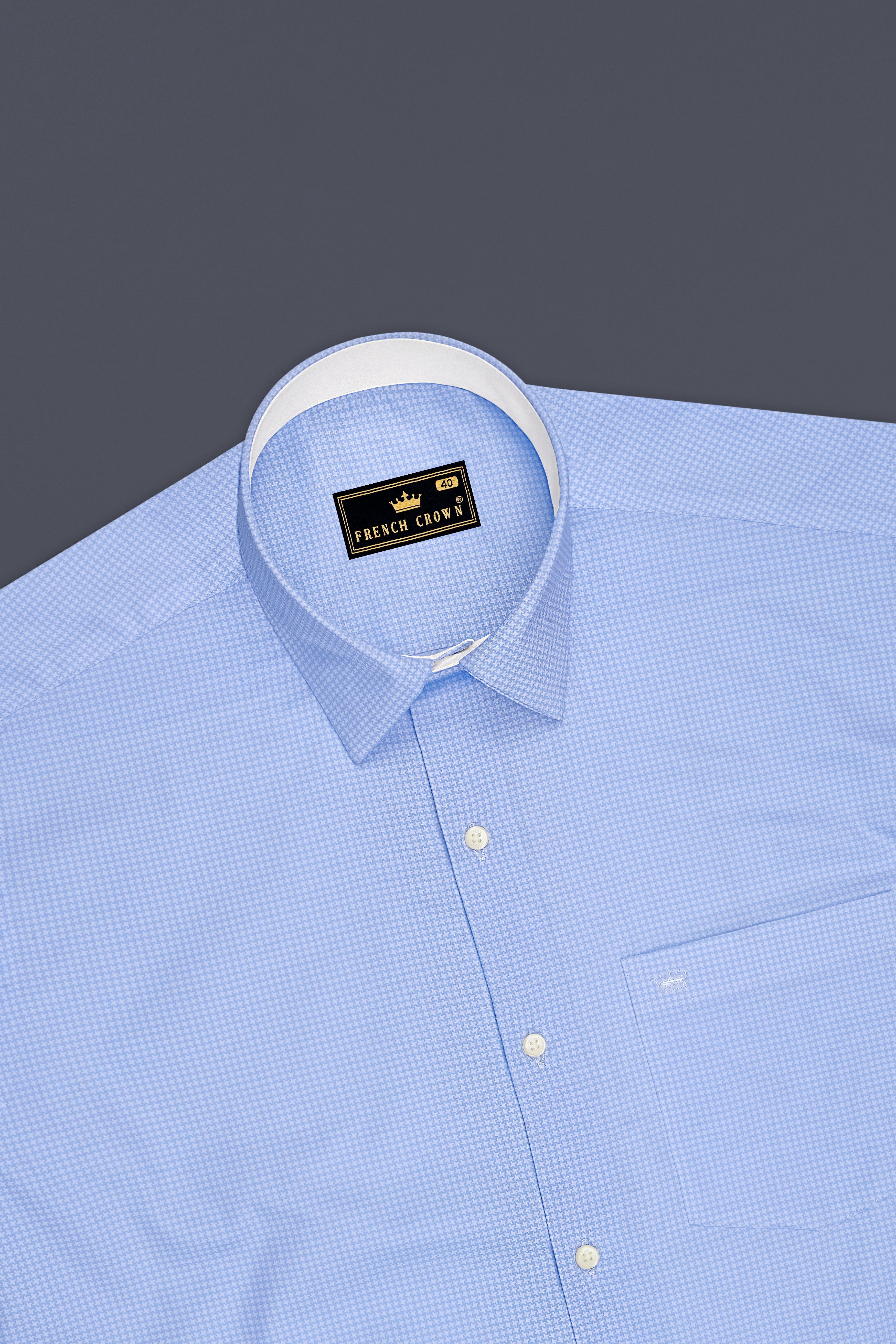 Vireo-Carolina Blue Houndstooth Printed Subtle Sheen Soft Premium Cotton Dress Shirt