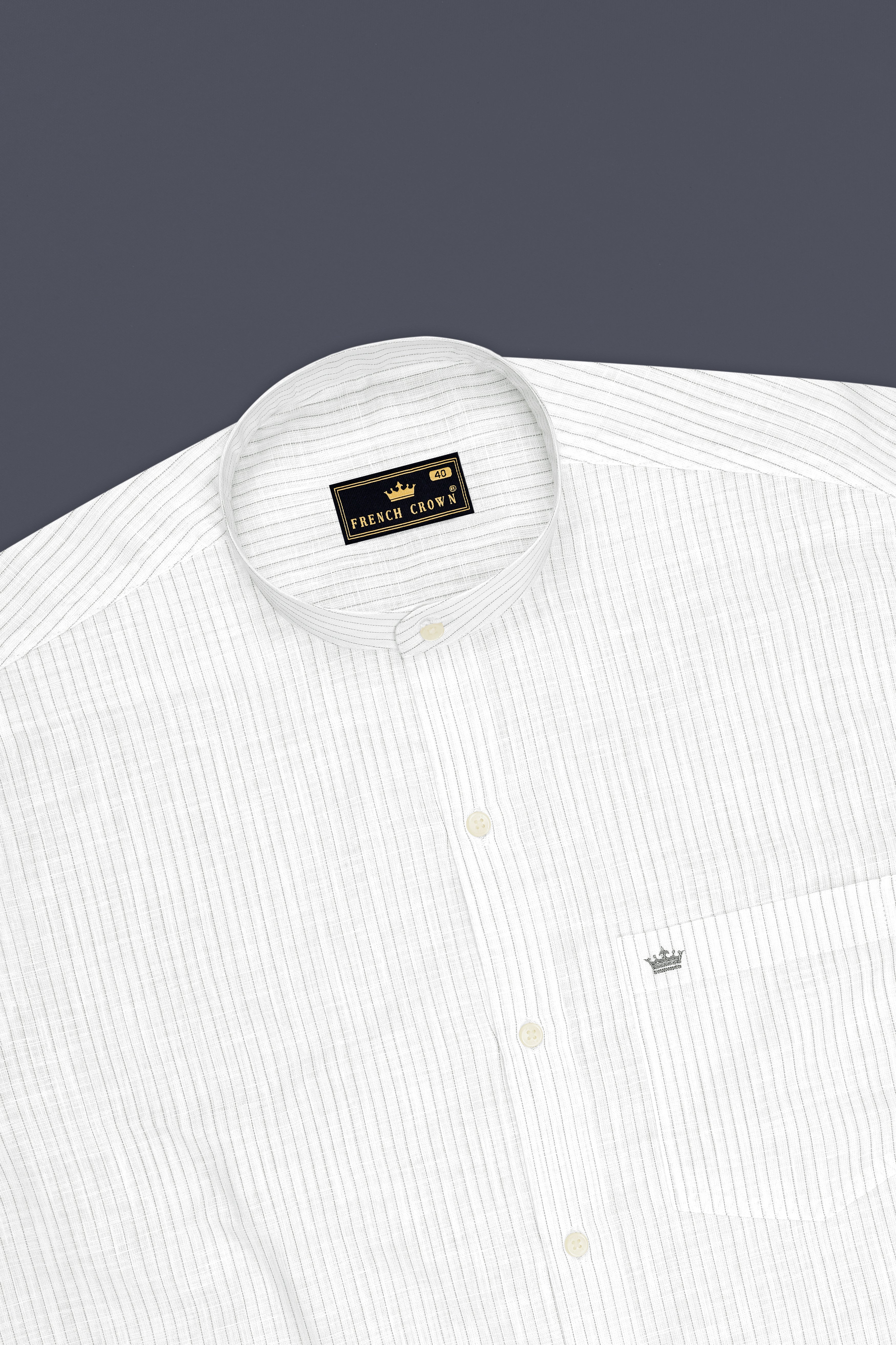 Poise-Bright White And Chalice Gray Pin Striped Luxurious Linen Mandarin Casual Shirt