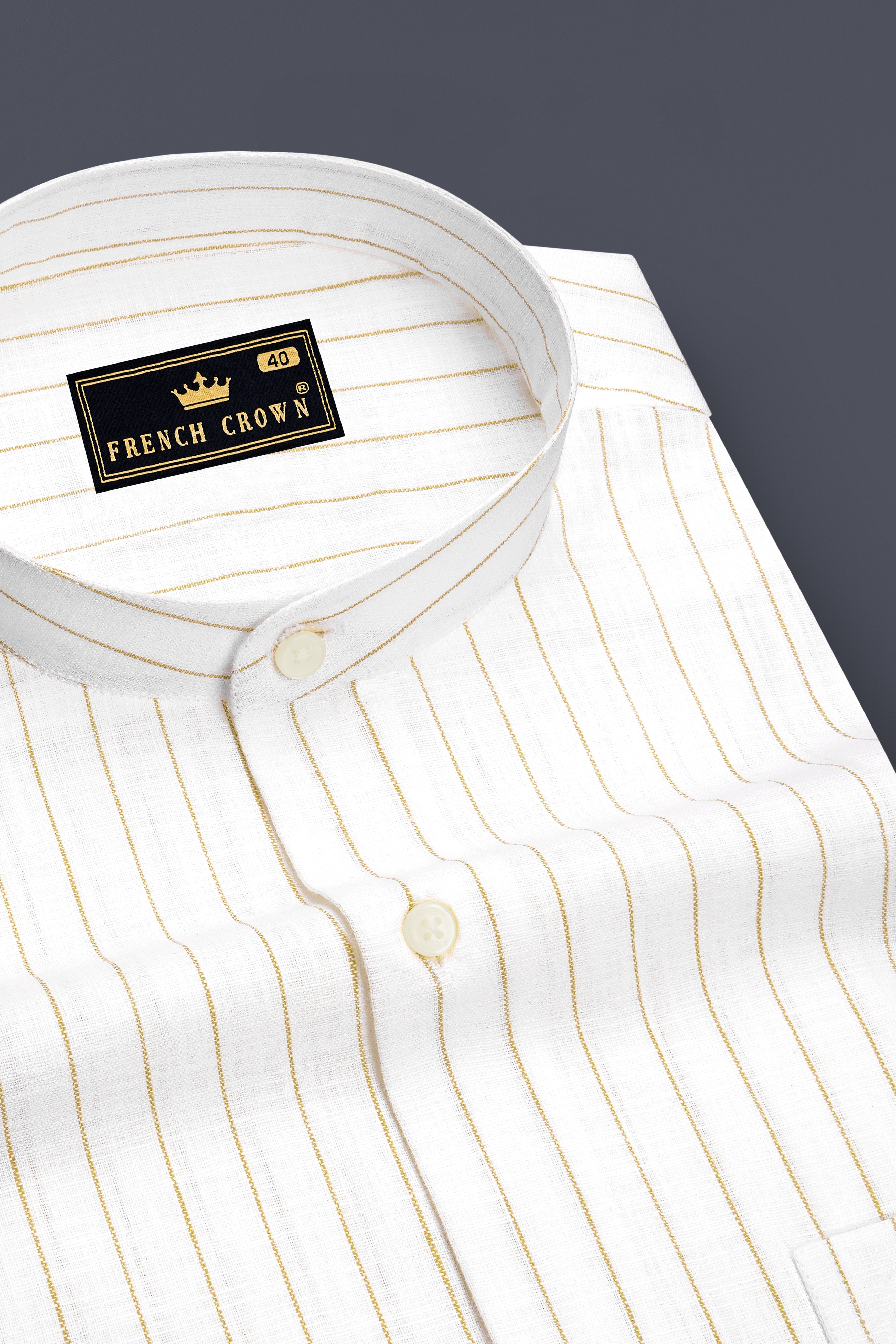 Marlow-Bright White And Sorrell Brown Pin Striped Luxurious Linen Mandarin Casual Shirt