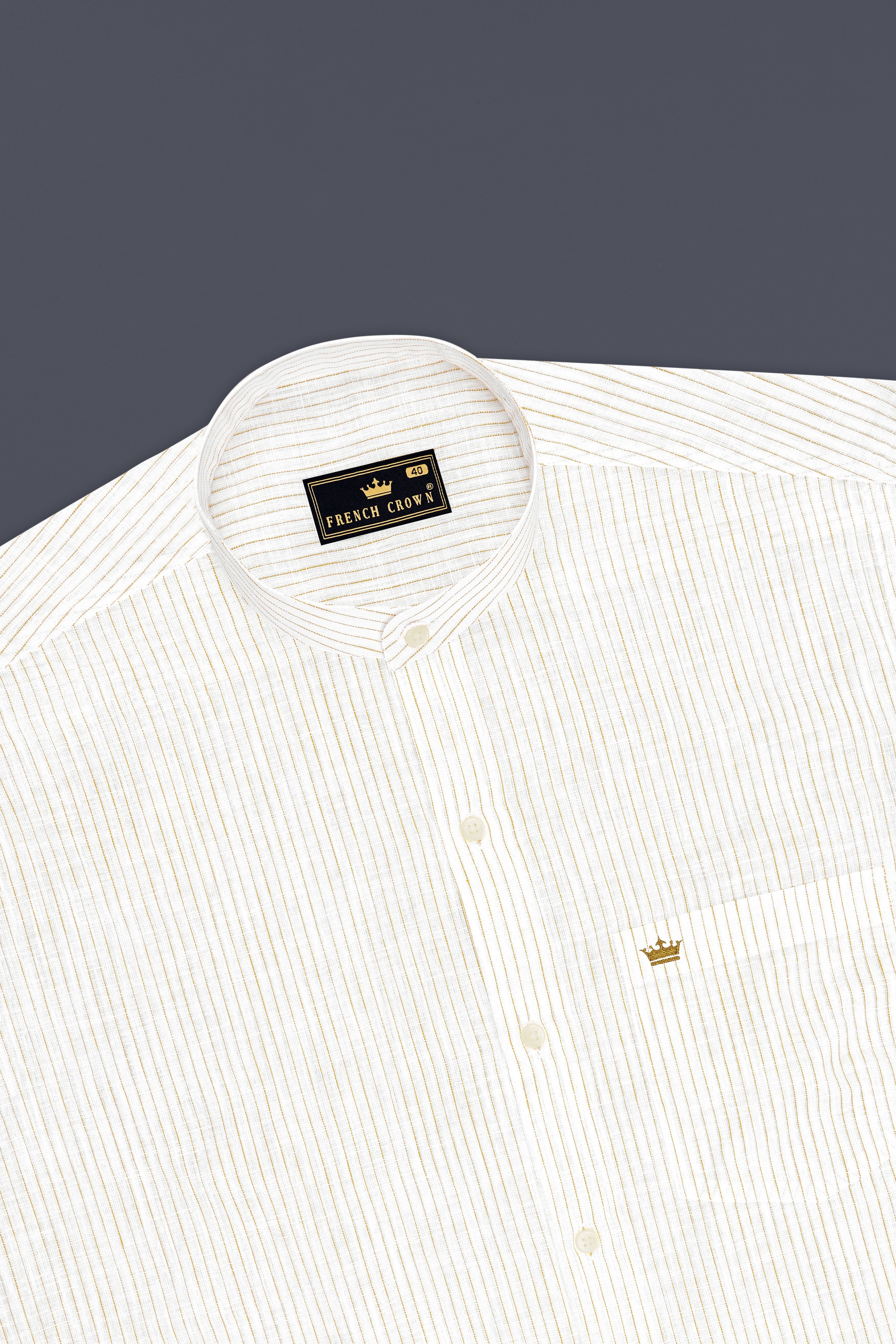 Oasis-Bright White And Sandy Brown Pin Striped Luxurious Linen Mandarin Casual Shirt