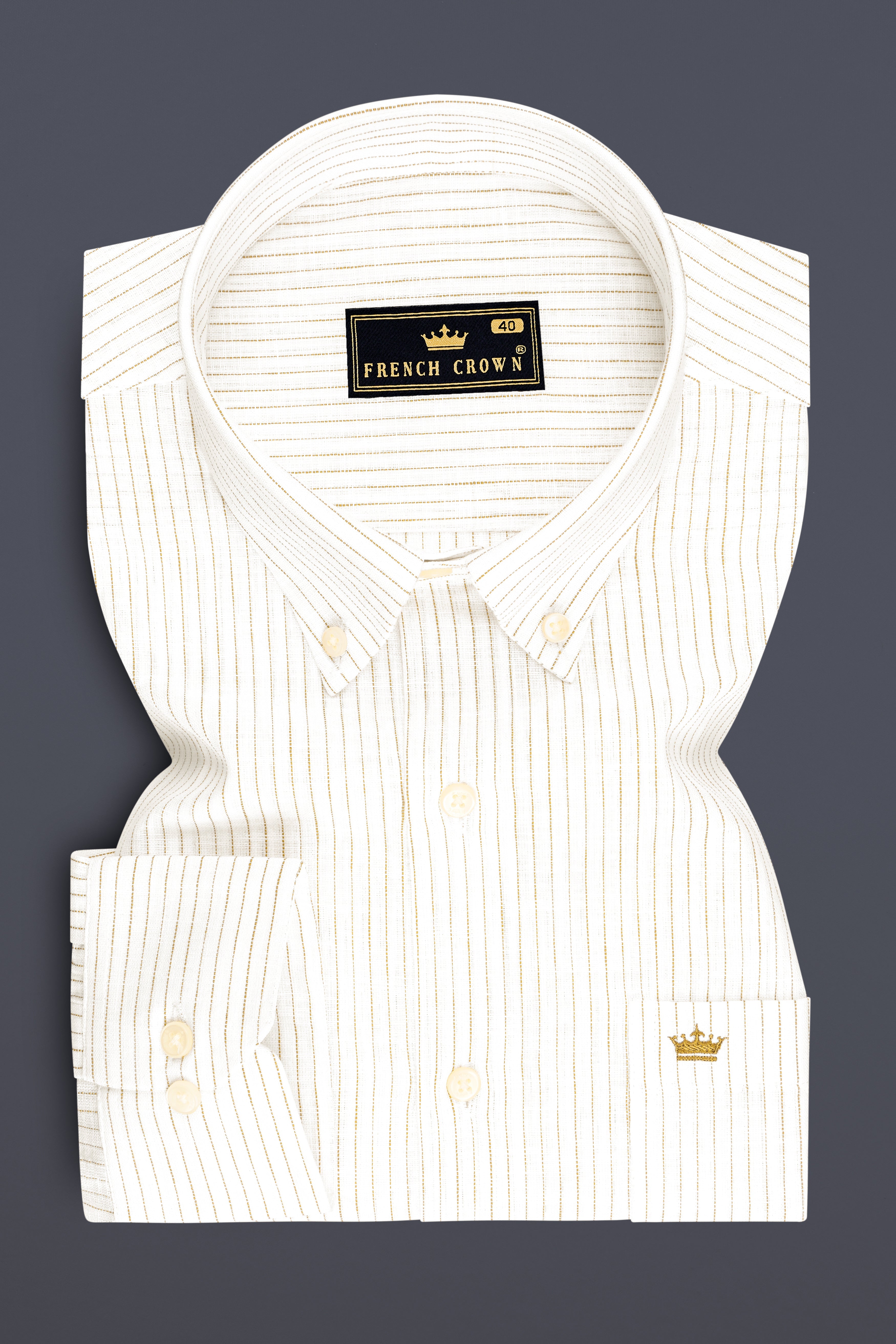 Oasis-Bright White And Sandy Brown Pin Striped Luxurious Linen Button Down Dress Shirt