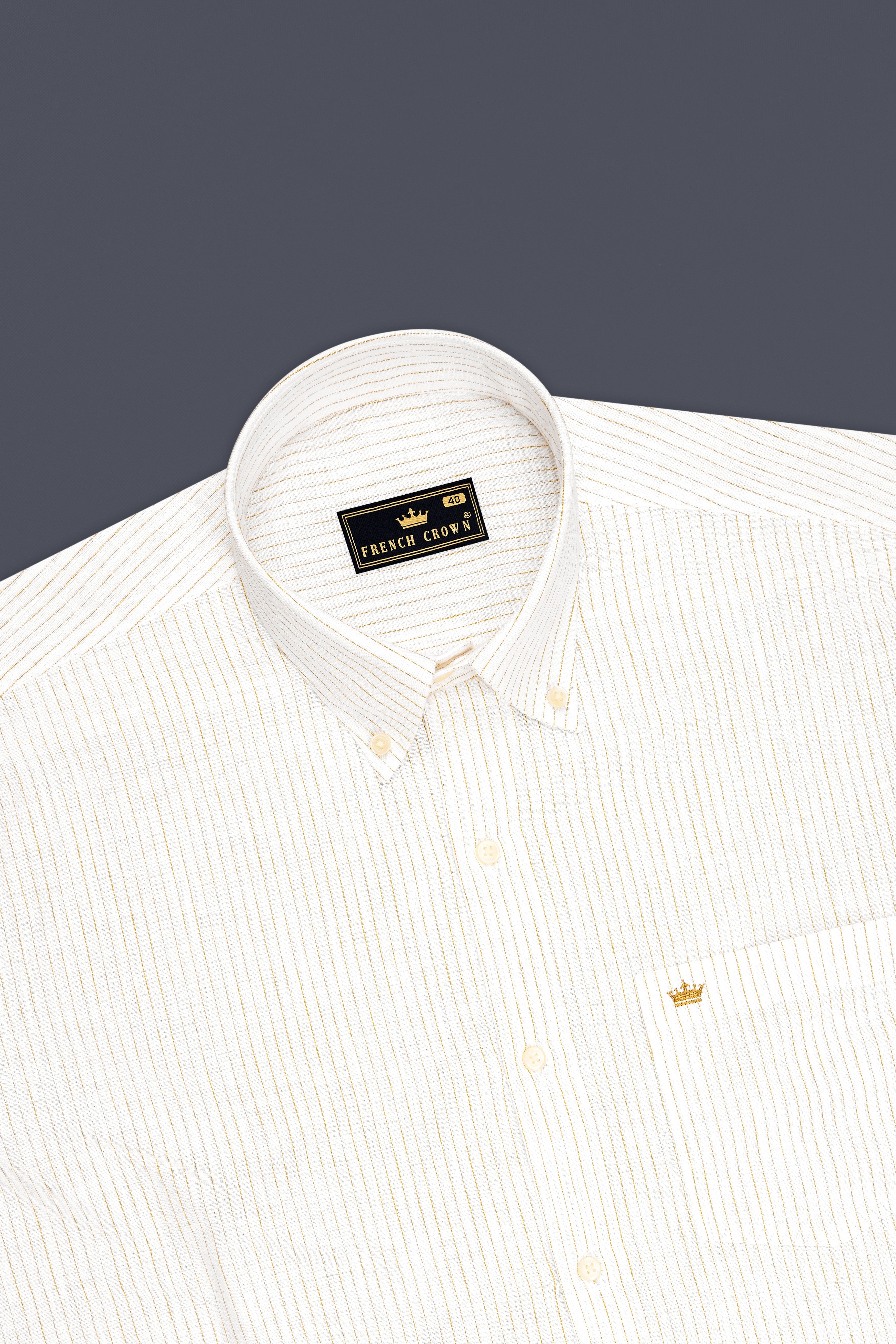 Oasis-Bright White And Sandy Brown Pin Striped Luxurious Linen Button Down Dress Shirt