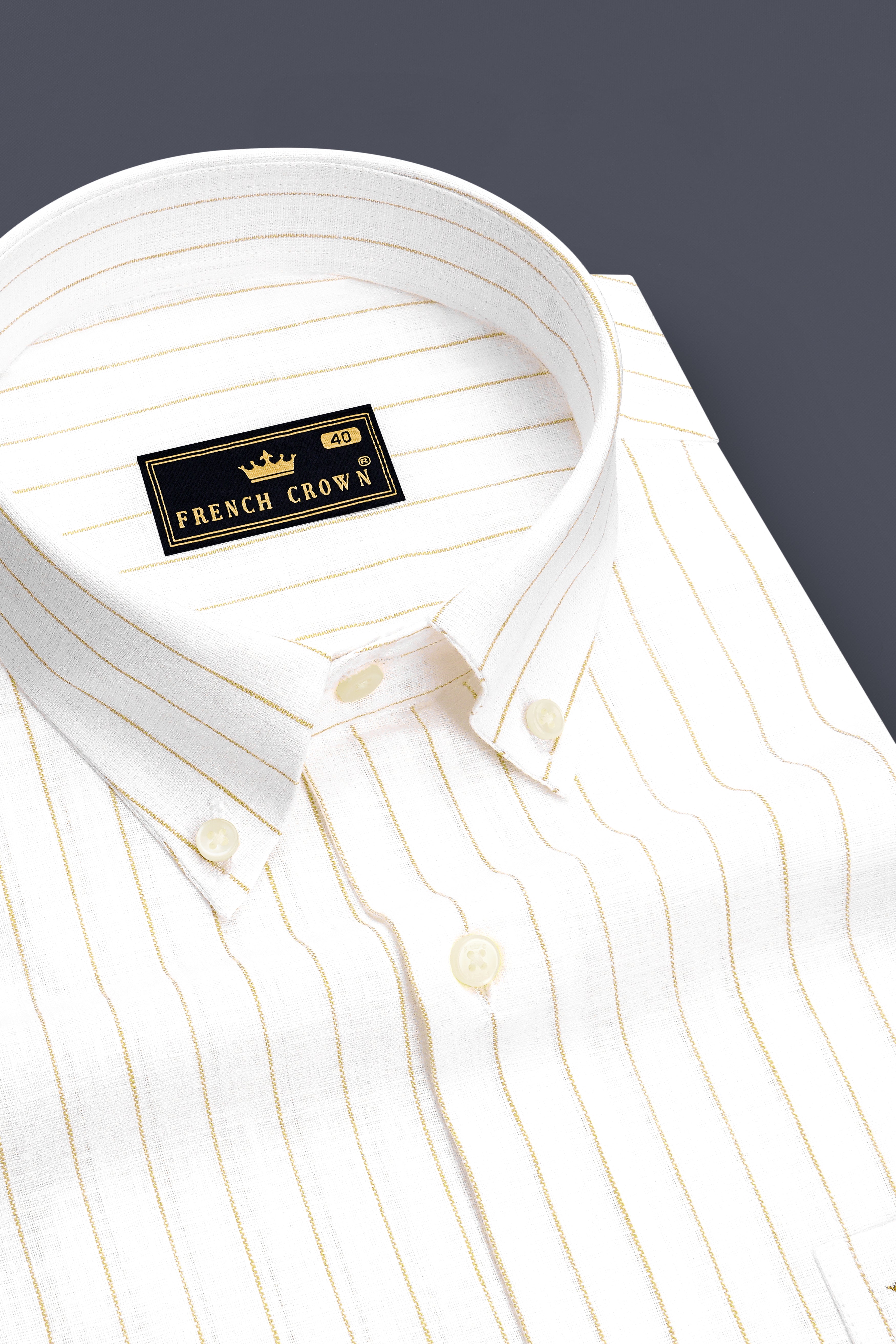 Marlow-Bright White And Sorrell Brown Pin Striped Luxurious Linen Button Down Dress Shirt