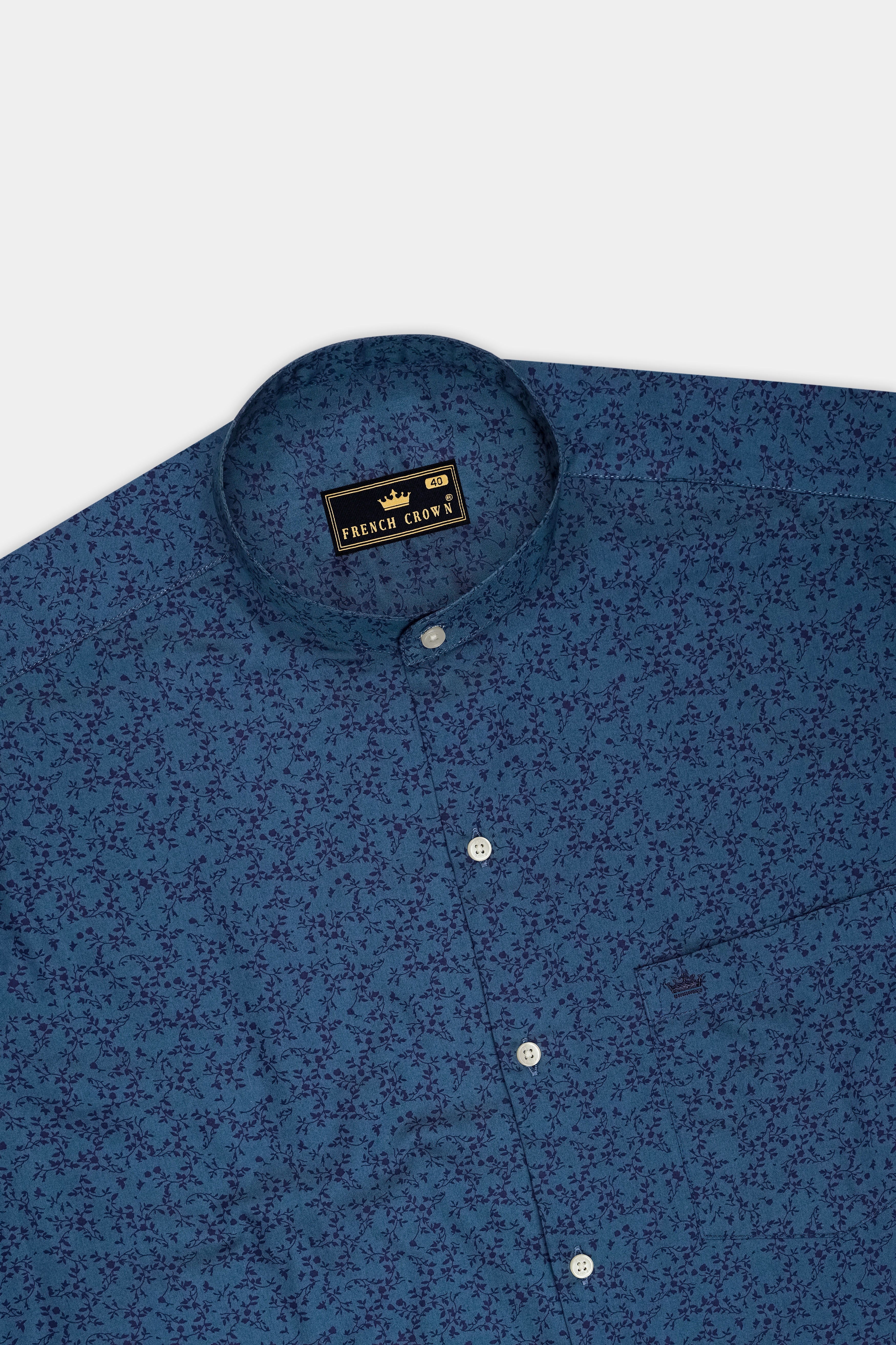 Virelle-Pickled Blue Floral Vine Printed Subtle Sheen Soft Premium Cotton Mandarin Casual Shirt
