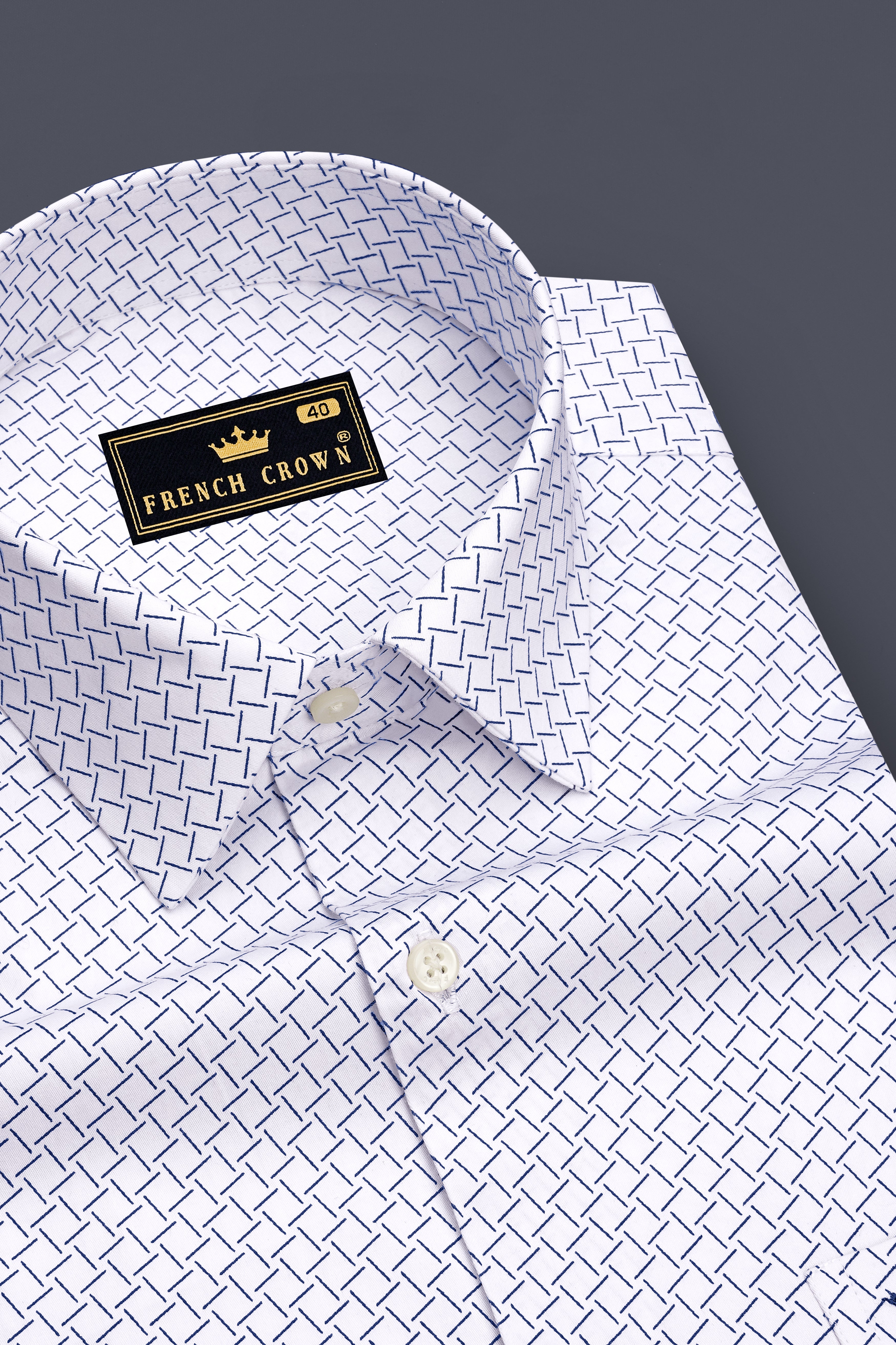 Loomis-Bright White And Twilight Blue Basketweave Printed Subtle Sheen Soft Premium Cotton Dress Shirt