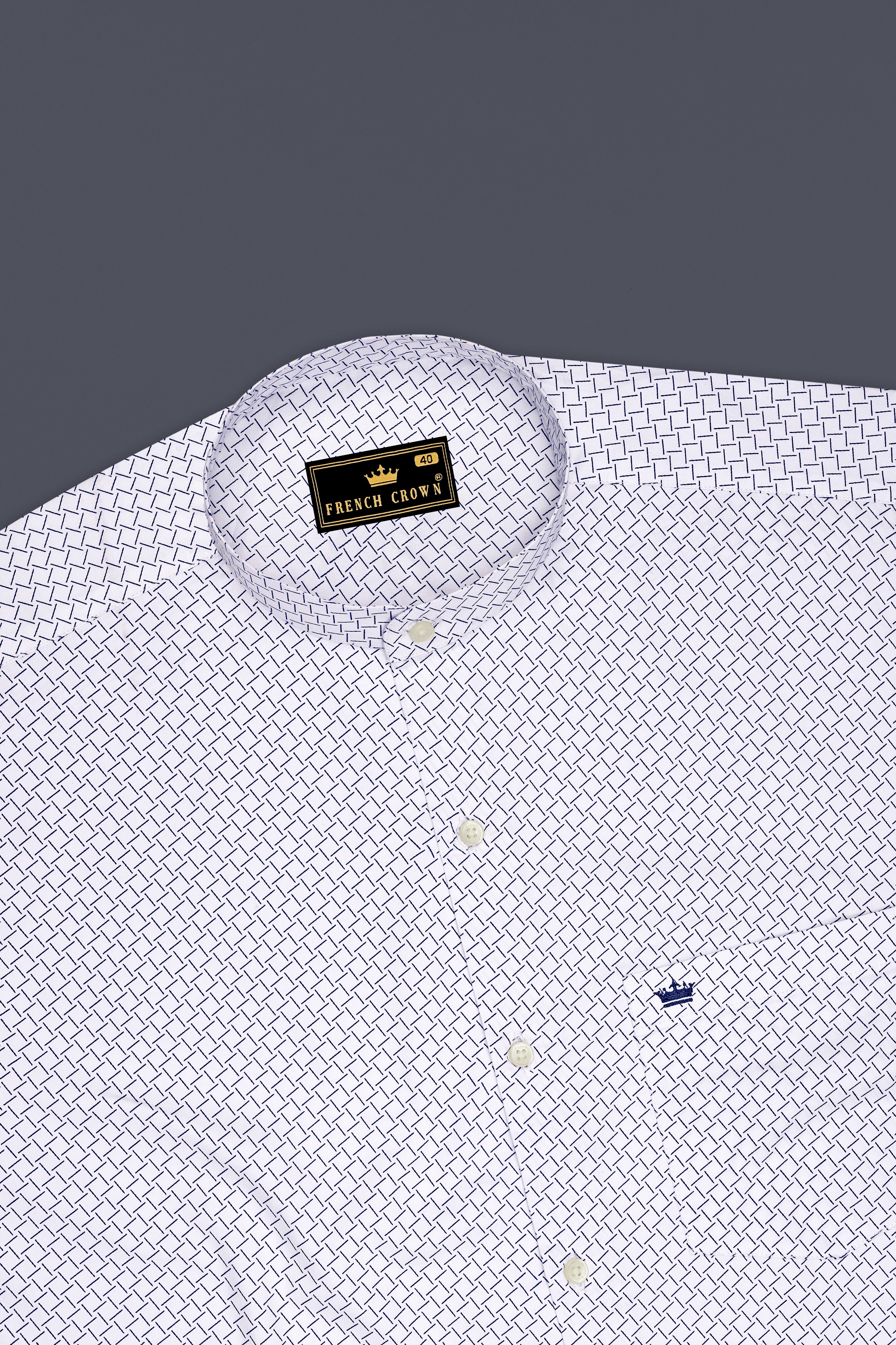 Loomis-Bright White And Twilight Blue Basketweave Printed Subtle Sheen Soft Premium Cotton Mandarin Casual Shirt