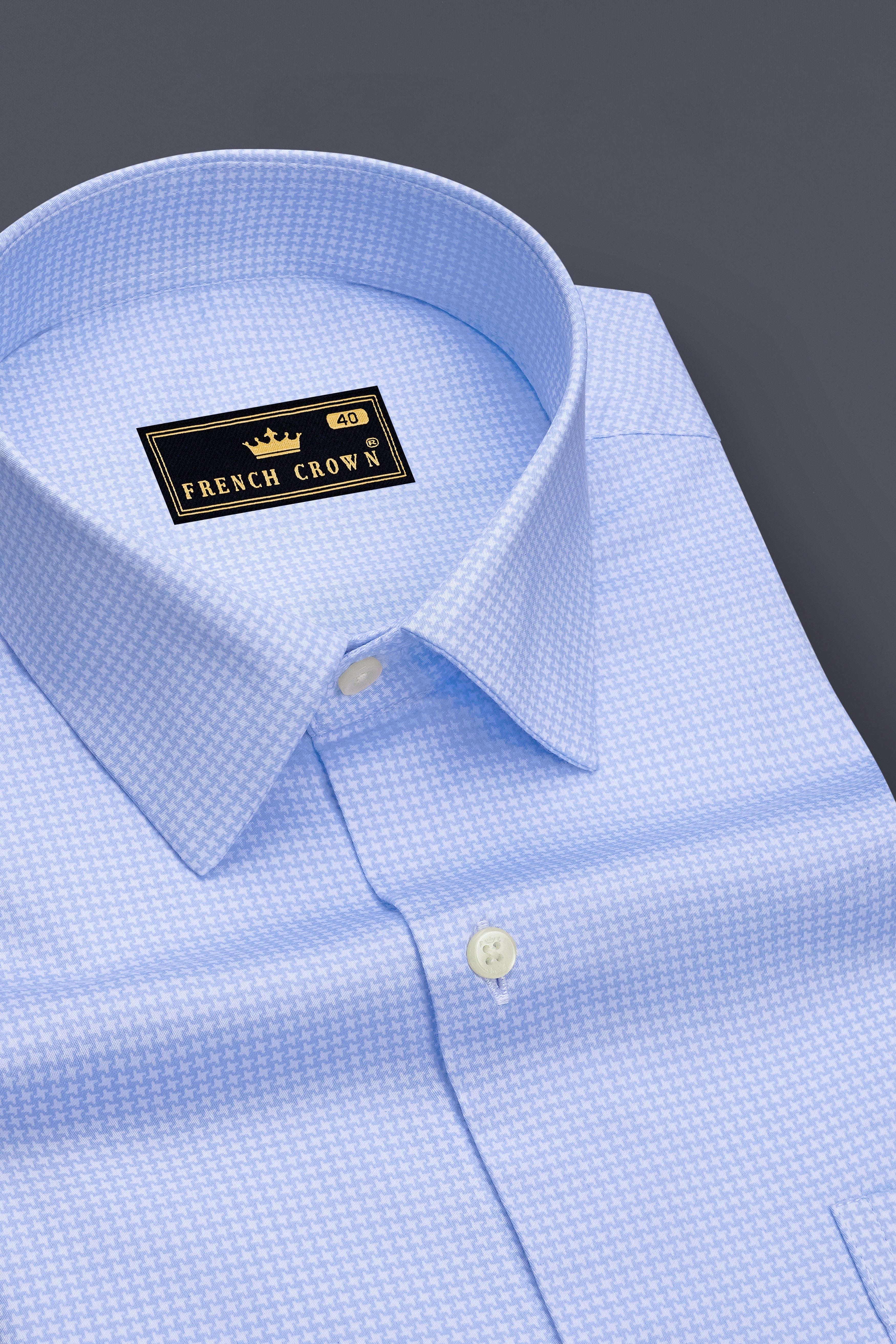 Vireo-Carolina Blue Houndstooth Printed Subtle Sheen Super Soft Premium Cotton Dress Shirt