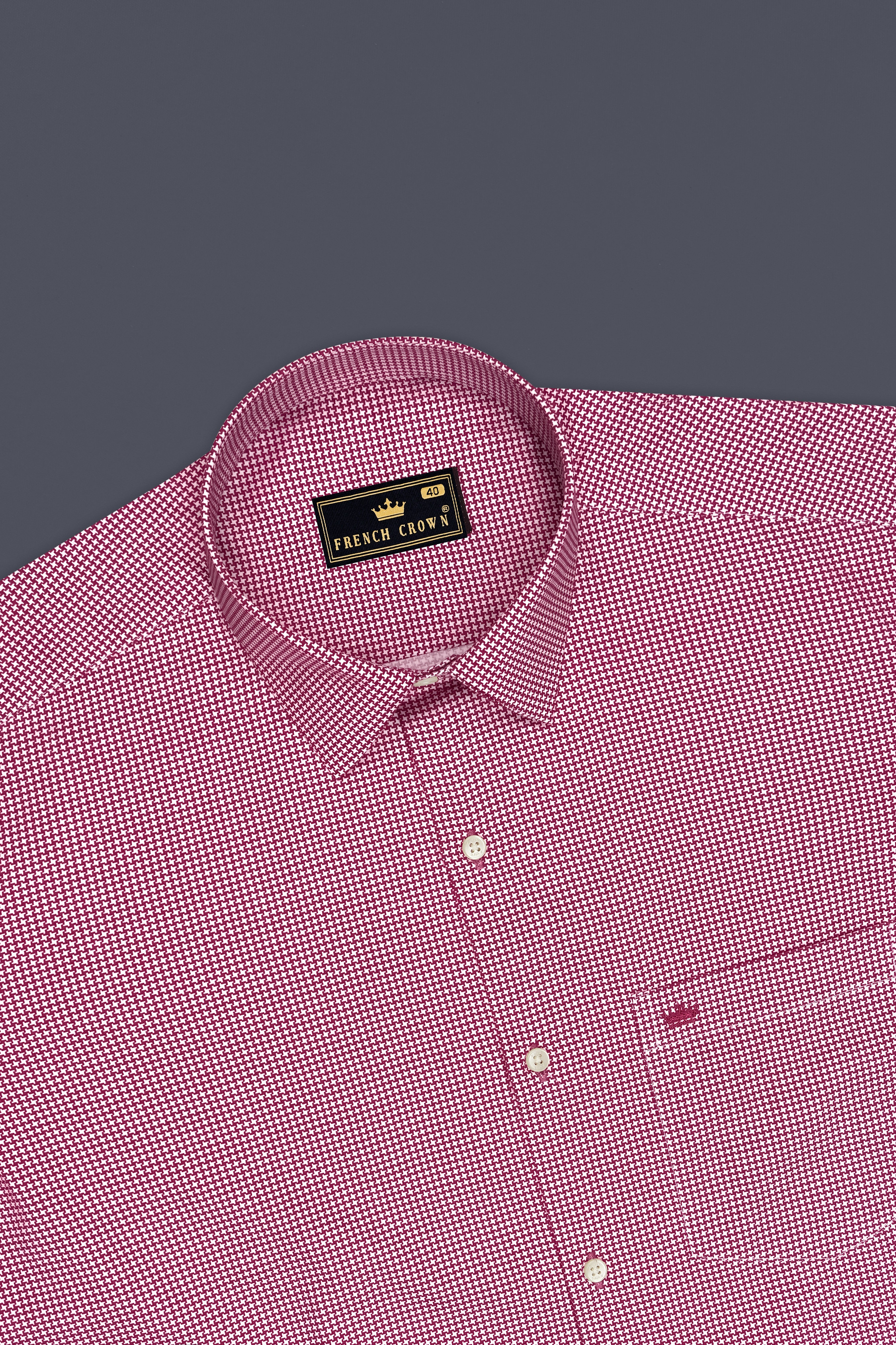 Lumier-Mulberry Pink Houndstooth Printed Subtle Sheen Super Soft Premium Cotton Dress Shirt
