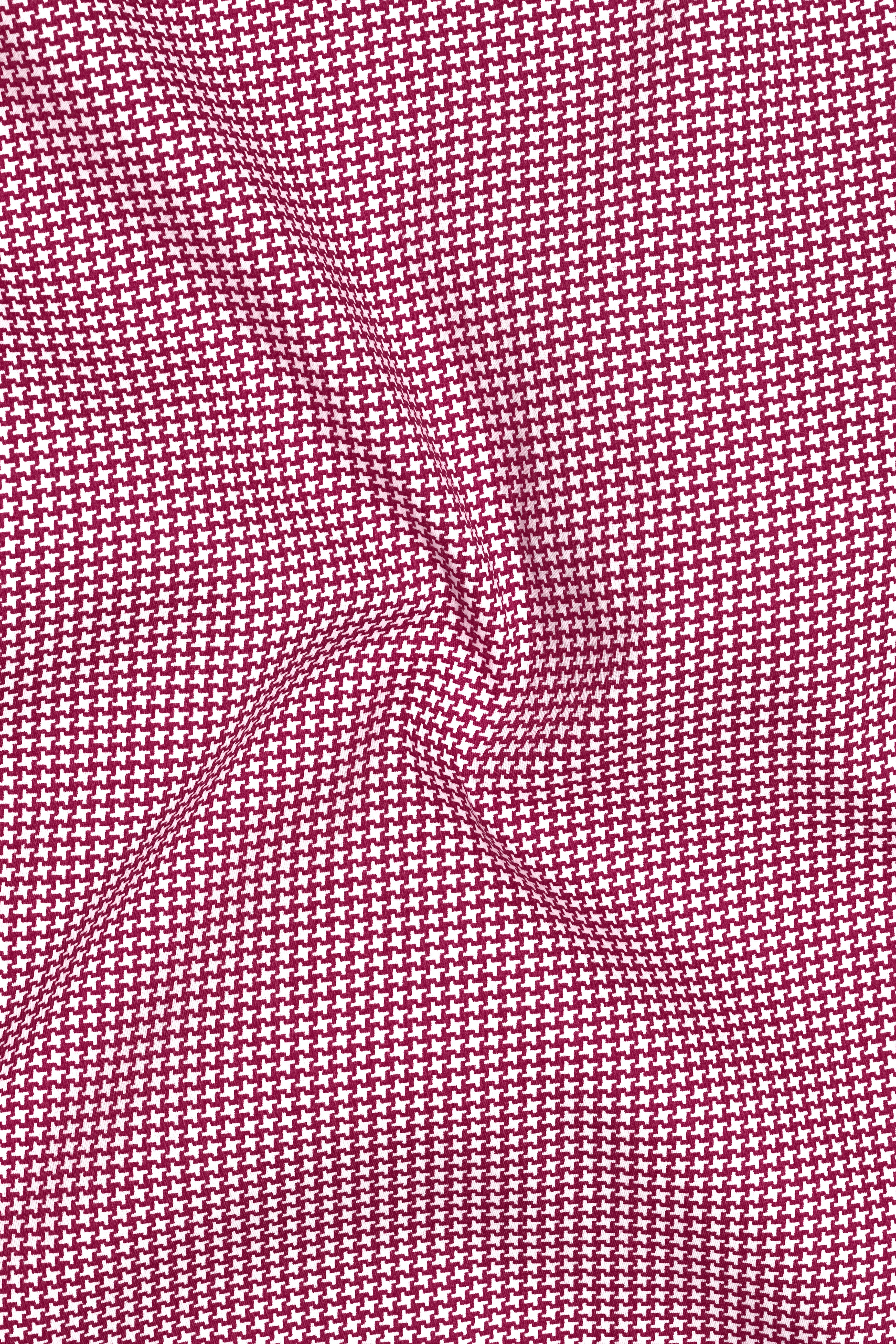 Lumier-Mulberry Pink Houndstooth Printed Subtle Sheen Super Soft Premium Cotton White Cuff Collar Dress Shirt