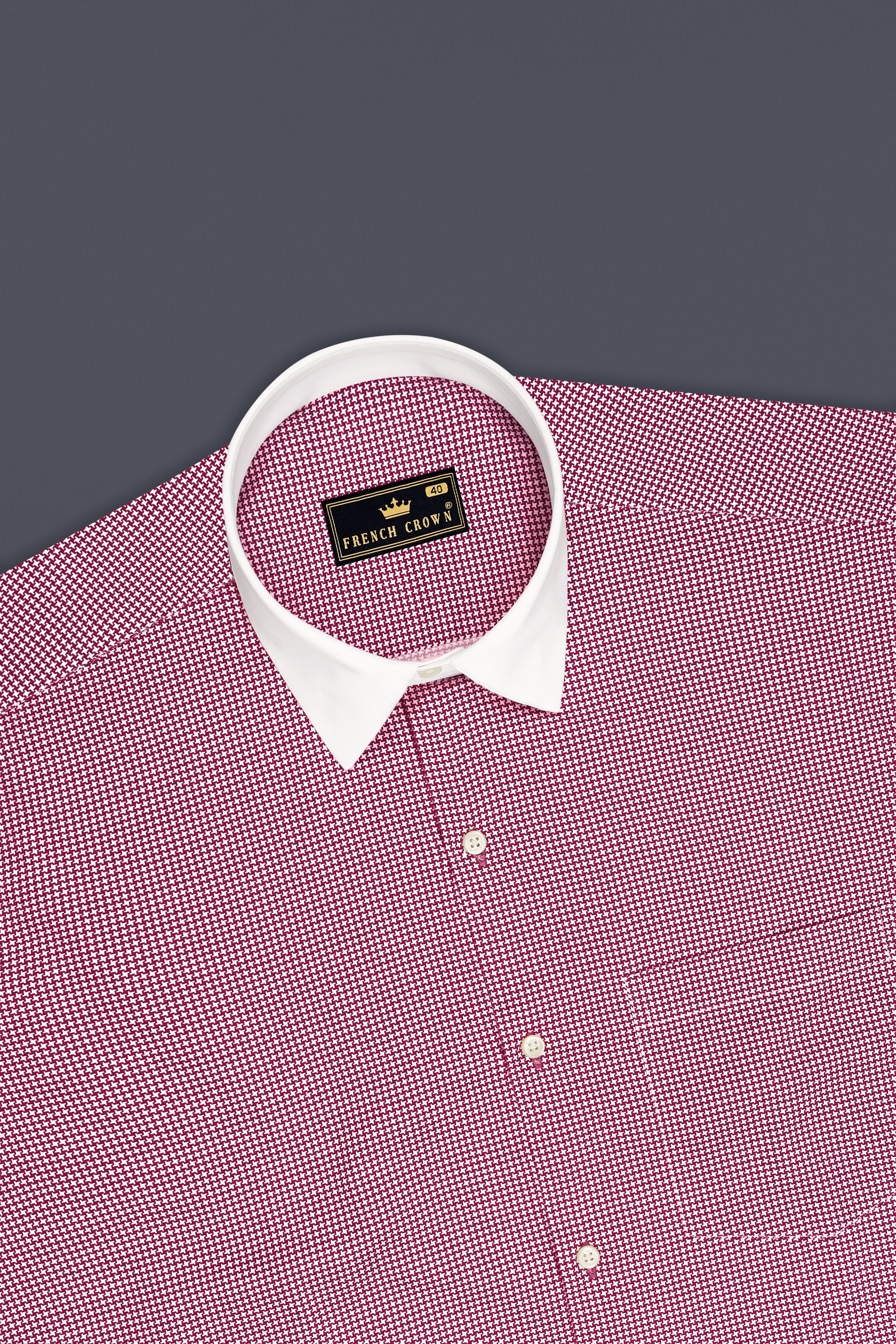 Lumier-Mulberry Pink Houndstooth Printed Subtle Sheen Super Soft Premium Cotton White Cuff Collar Dress Shirt