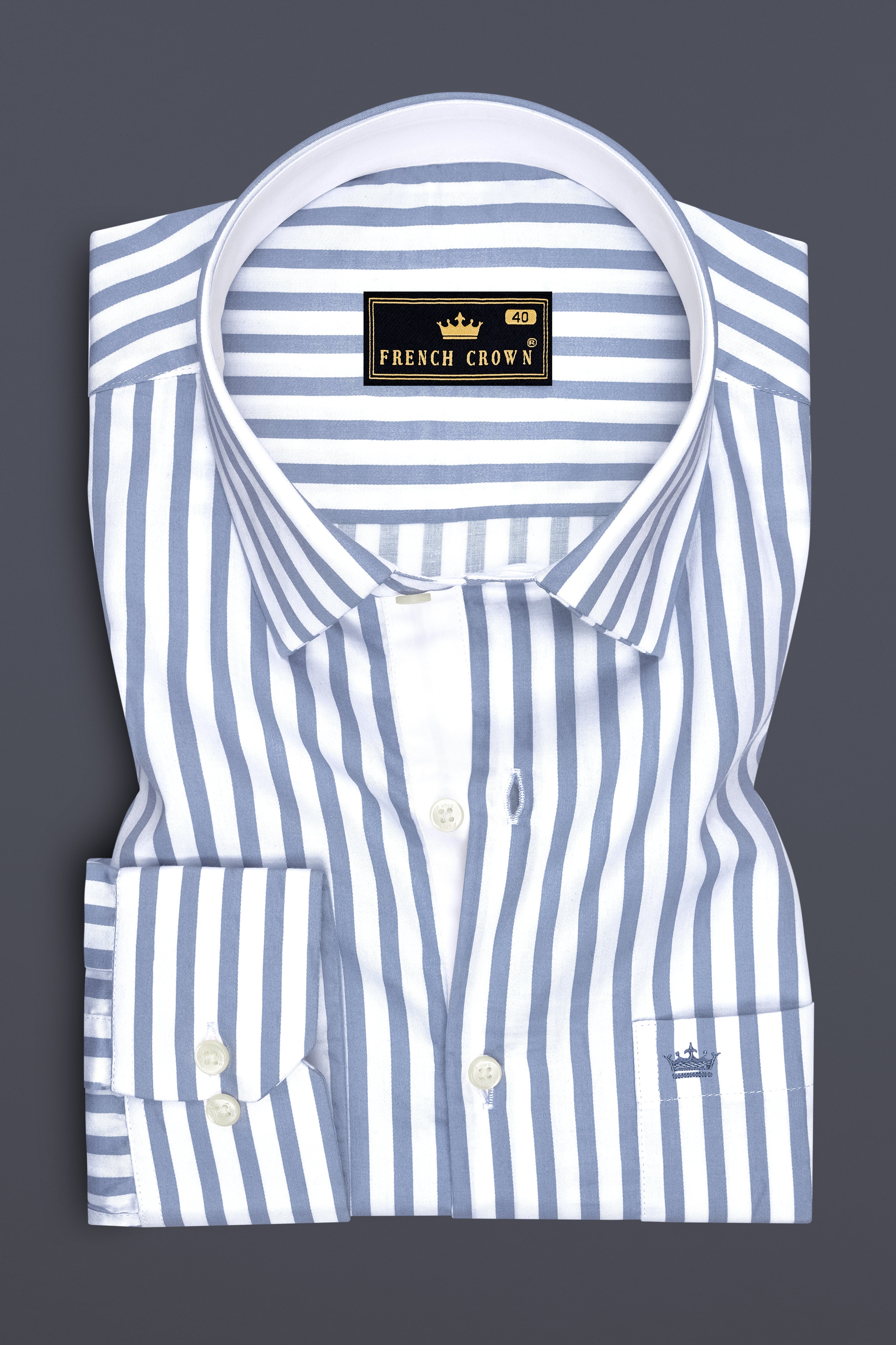 Strivon-Steel Blue And Bright White Candy Striped Subtle Sheen Soft Premium Cotton Dress Shirt