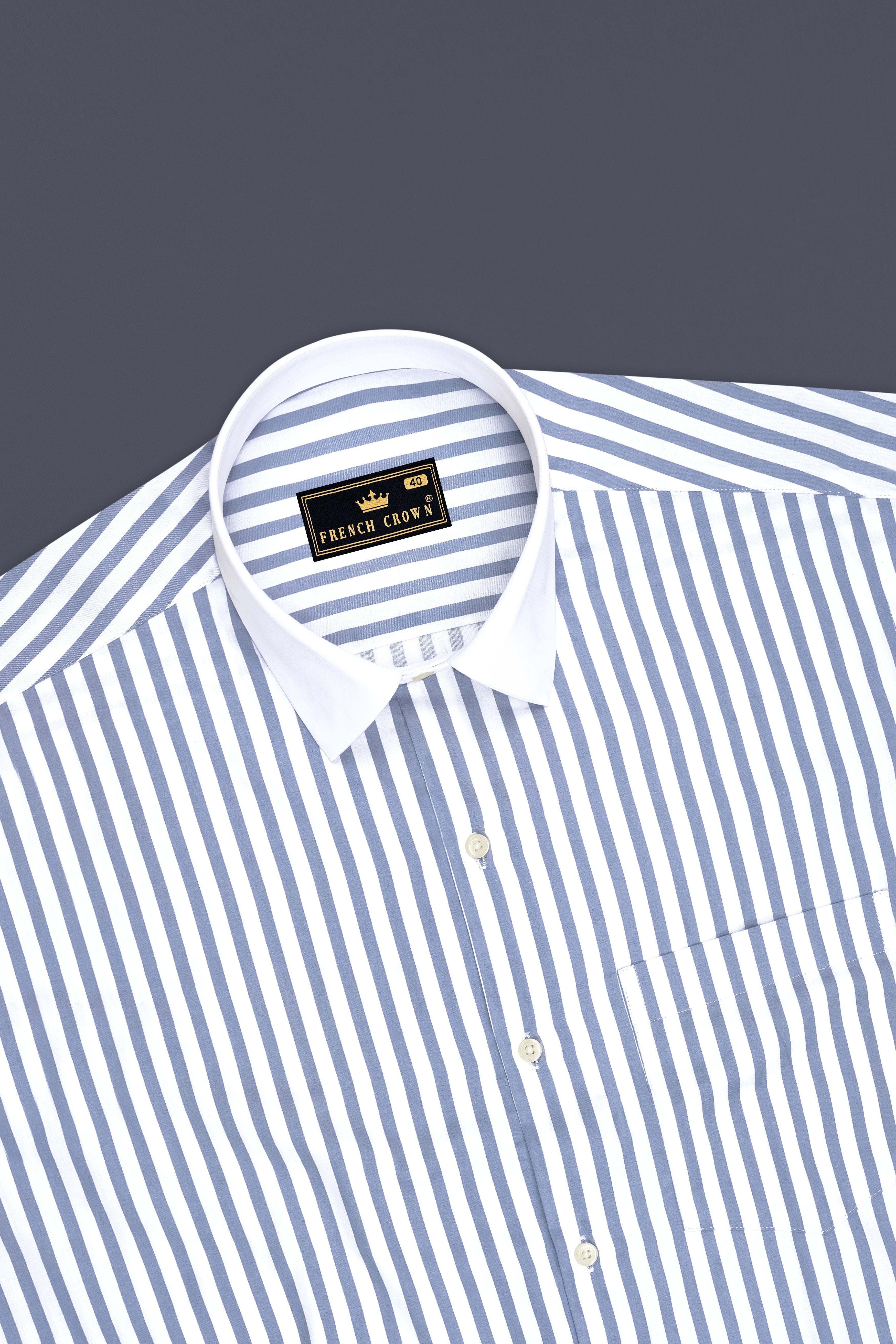 Strivon-Steel Blue And Bright White Candy Striped Subtle Sheen Super Soft Premium Cotton White Cuff Collar Dress Shirt