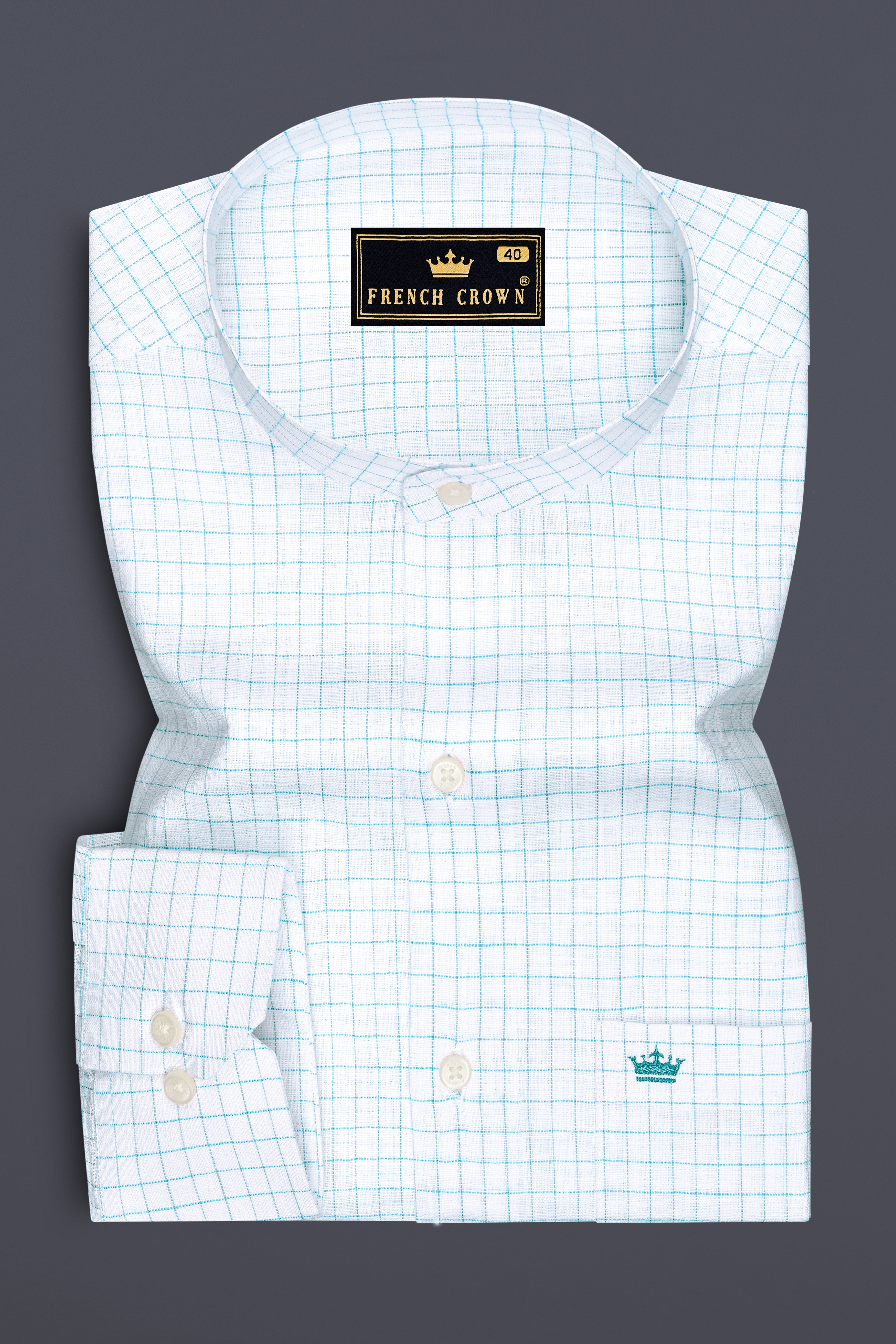 Zephyr-Bright White And Aquamarine Blue Windowpane Luxurious Linen Mandarin Casual Shirt
