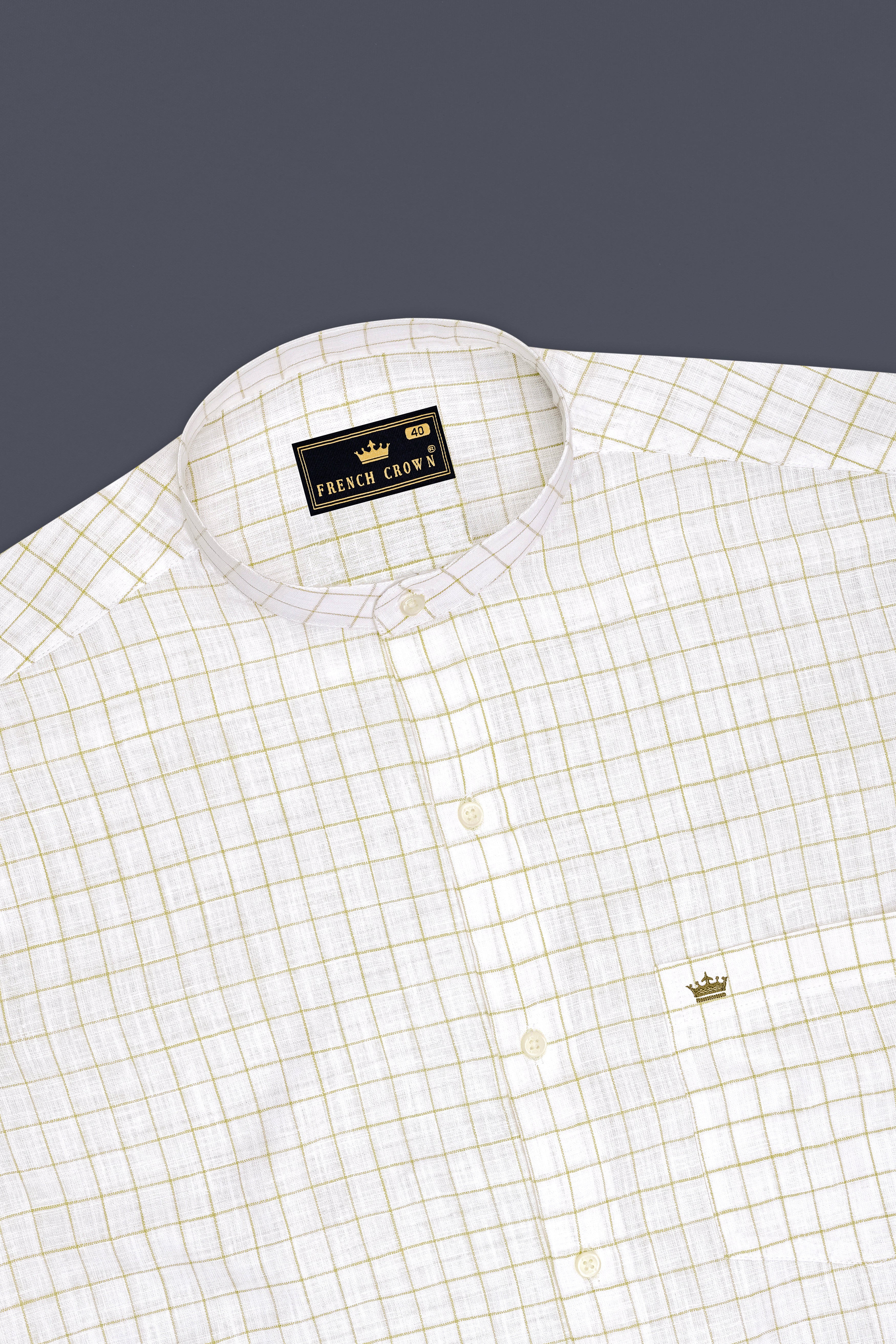 Sierra-Bright White And Muesli Brown Windowpane Luxurious Linen Mandarin Casual Shirt