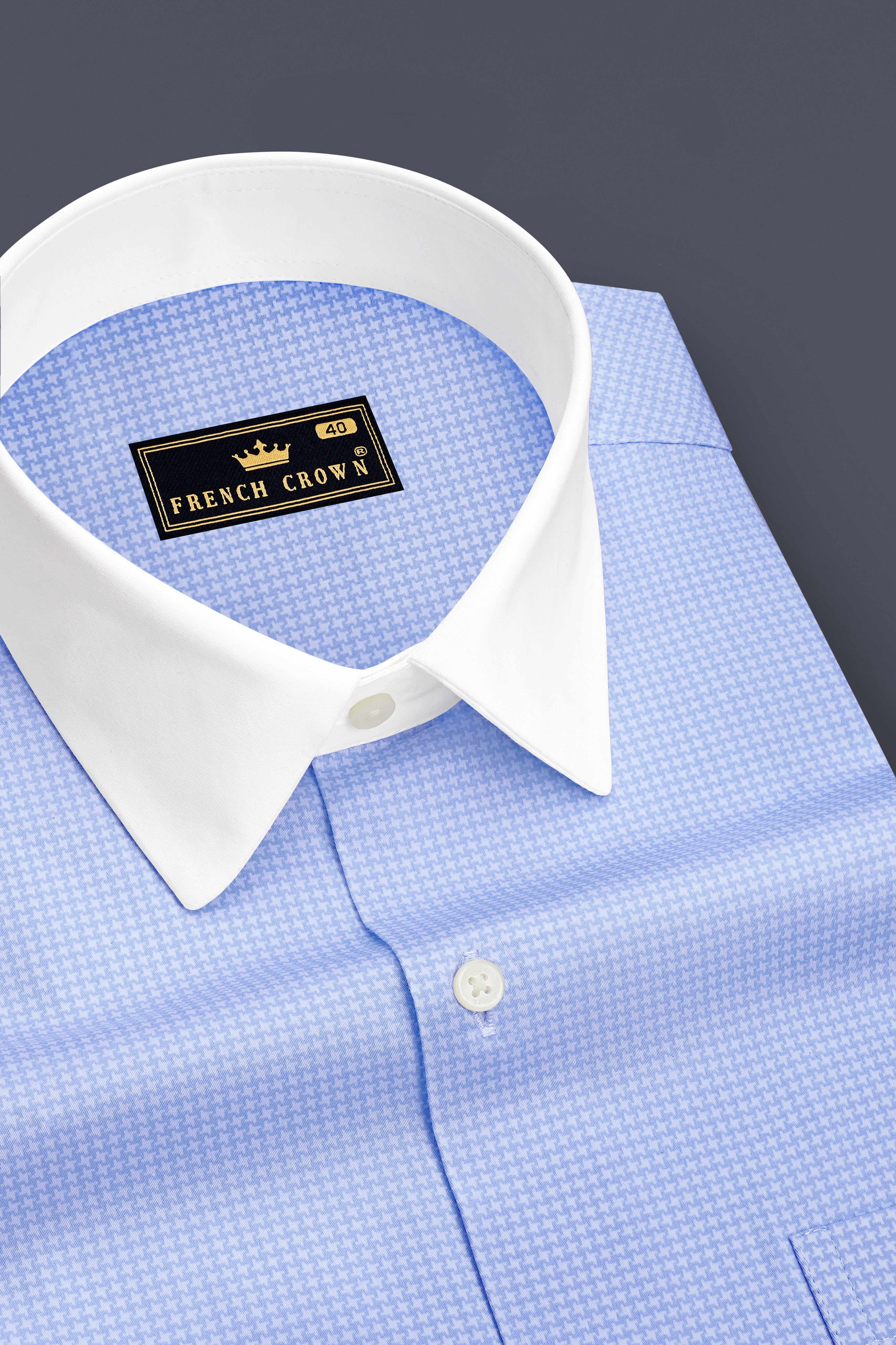Vireo-Carolina Blue Houndstooth Printed Subtle Sheen Super Soft Premium Cotton White Cuff Collar Dress Shirt