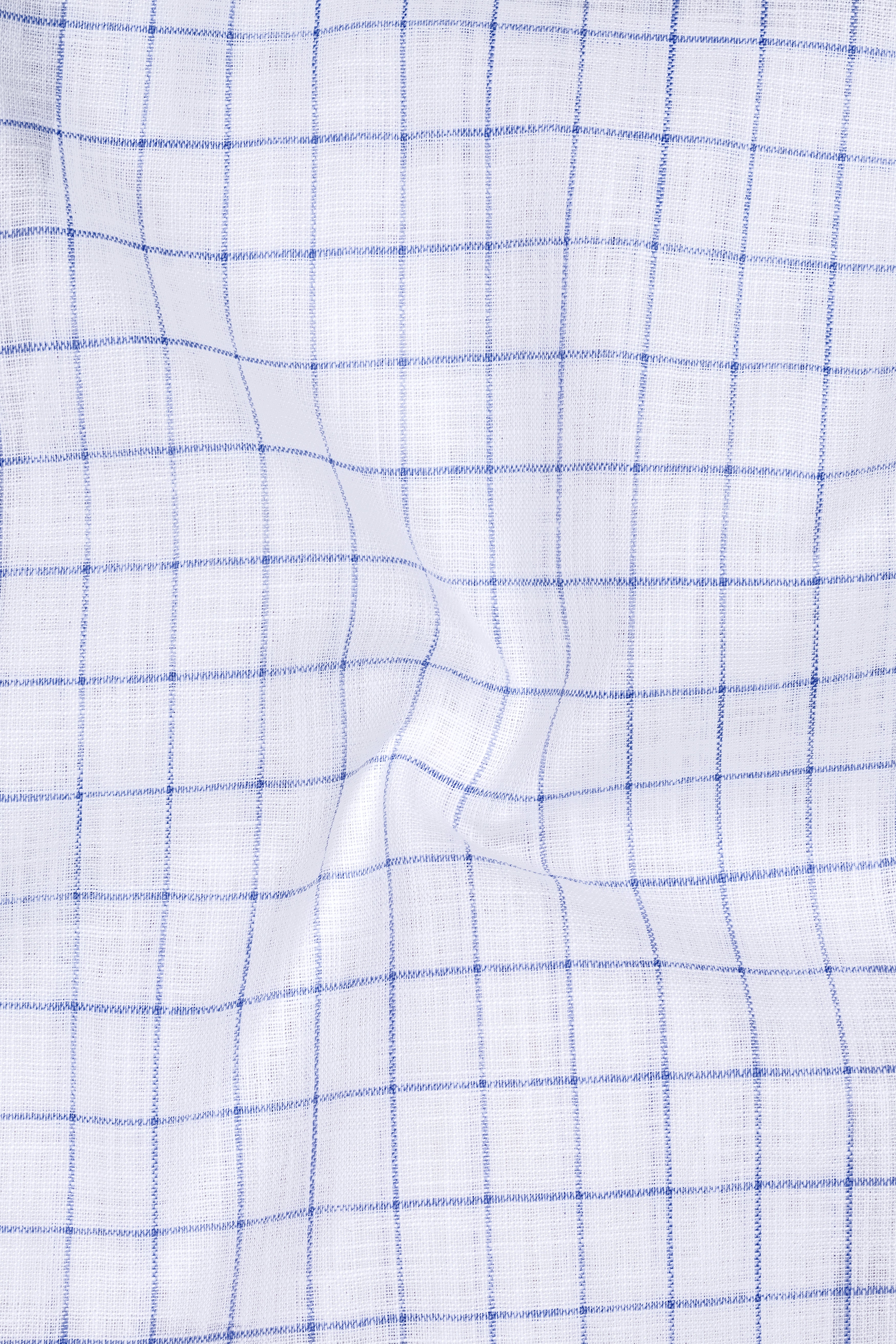 Lumen-Bright White And Periwinkle Blue Windowpane Luxurious Linen Mandarin Casual Shirt