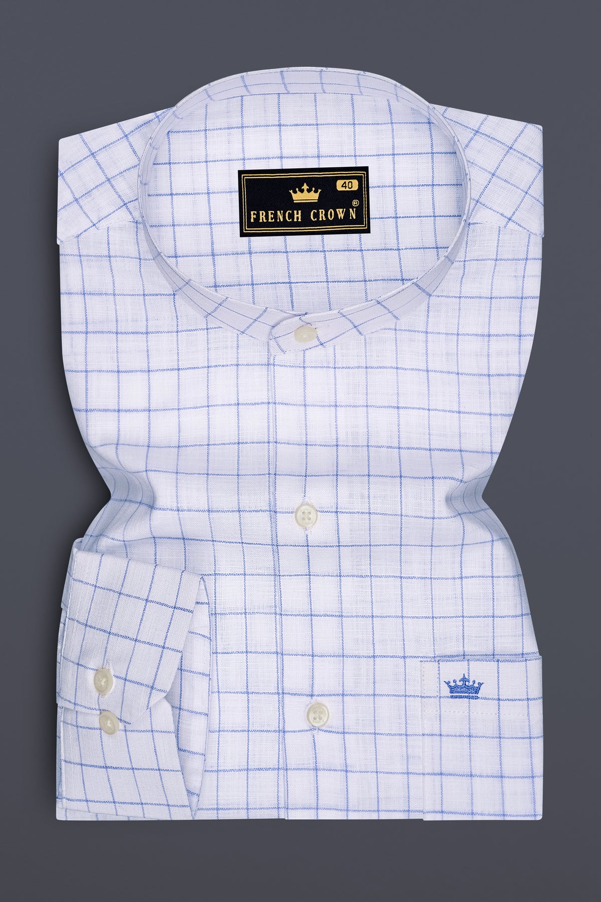 Lumen-Bright White And Periwinkle Blue Windowpane Luxurious Linen Mandarin Casual Shirt