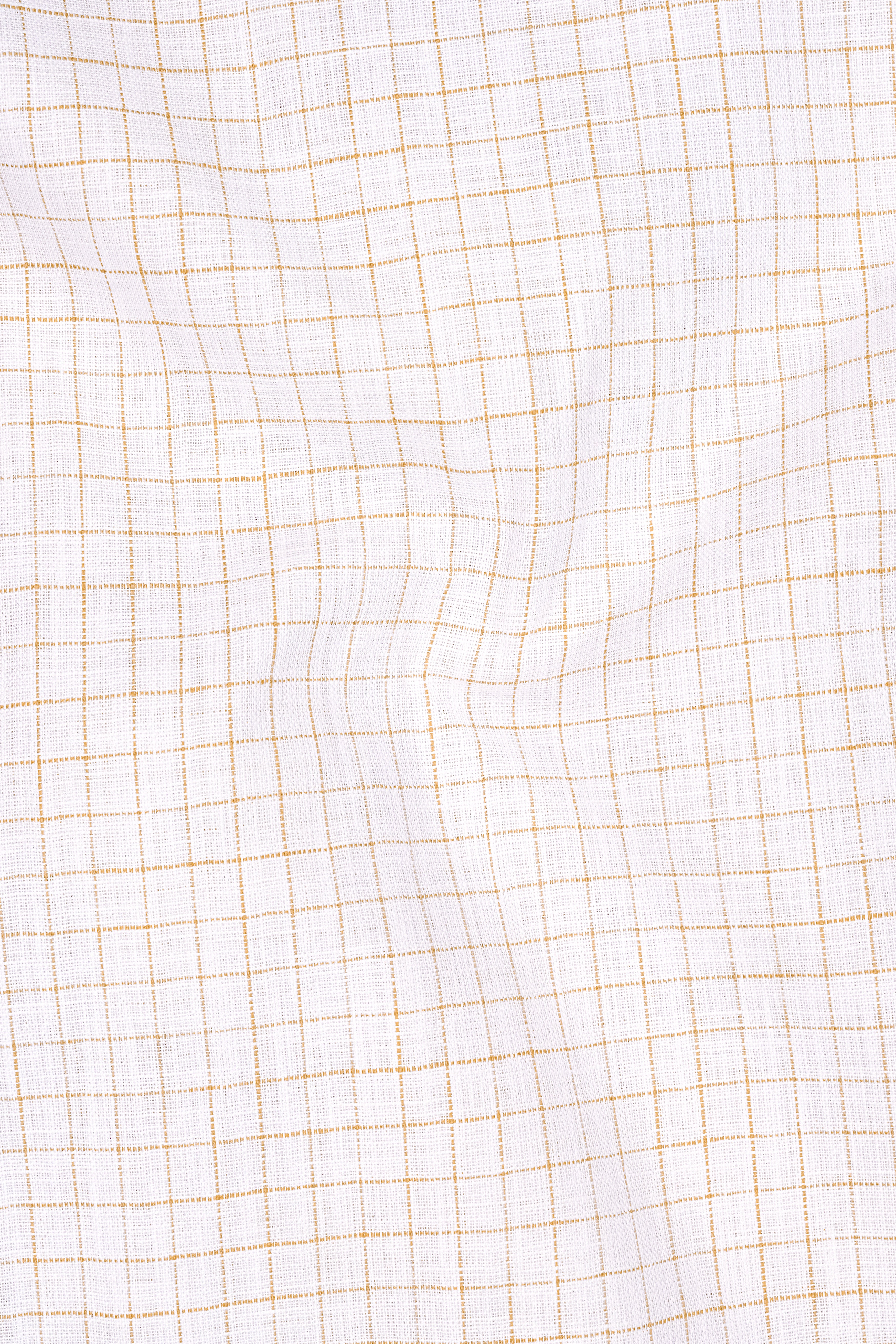 Bristol-Bright White And Tan Brown Windowpane Luxurious Linen Mandarin Casual Shirt
