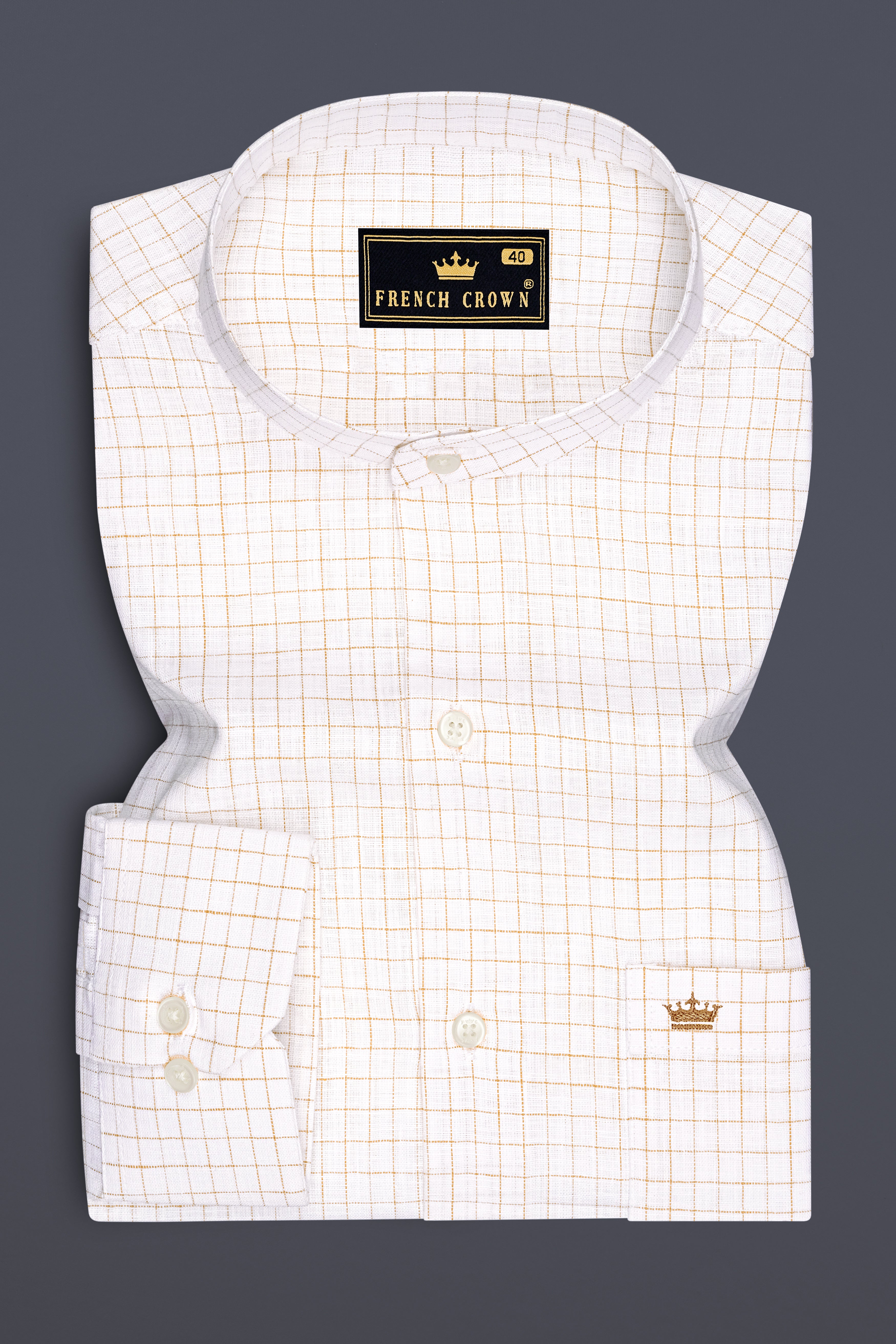 Bristol-Bright White And Tan Brown Windowpane Luxurious Linen Mandarin Casual Shirt