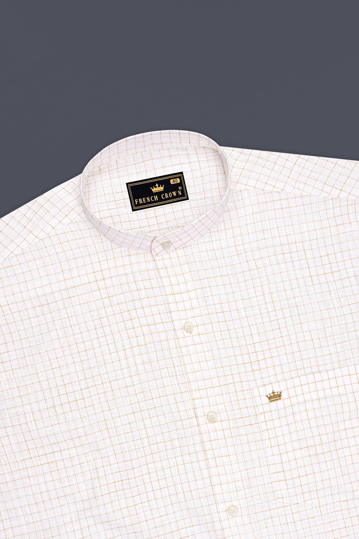 Bristol-Bright White And Tan Brown Windowpane Luxurious Linen Mandarin Casual Shirt